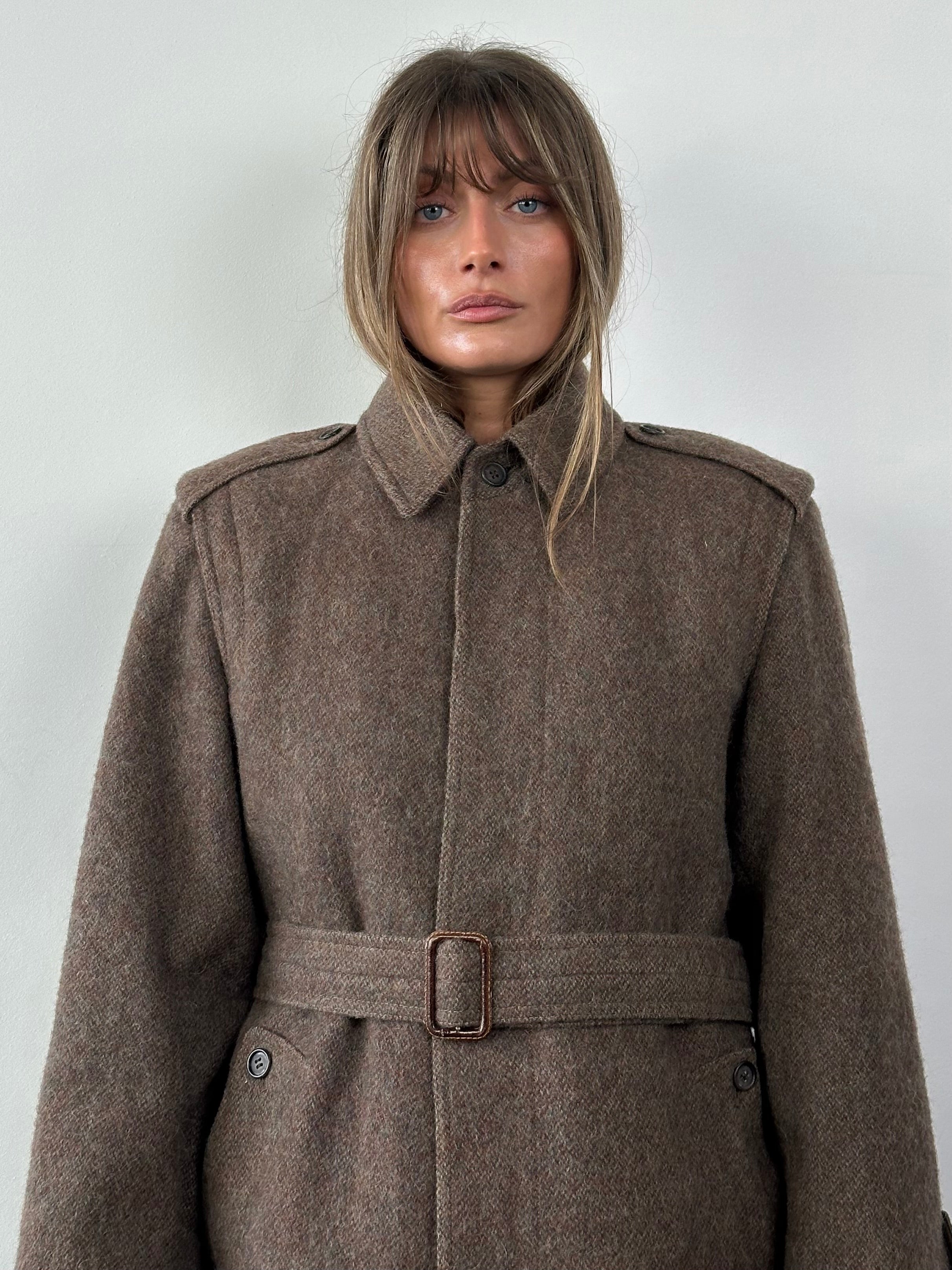 Vintage 1990s Italian wool mohair belted coat, single-breasted, stylish and warm, in size large, shown on a hanger.