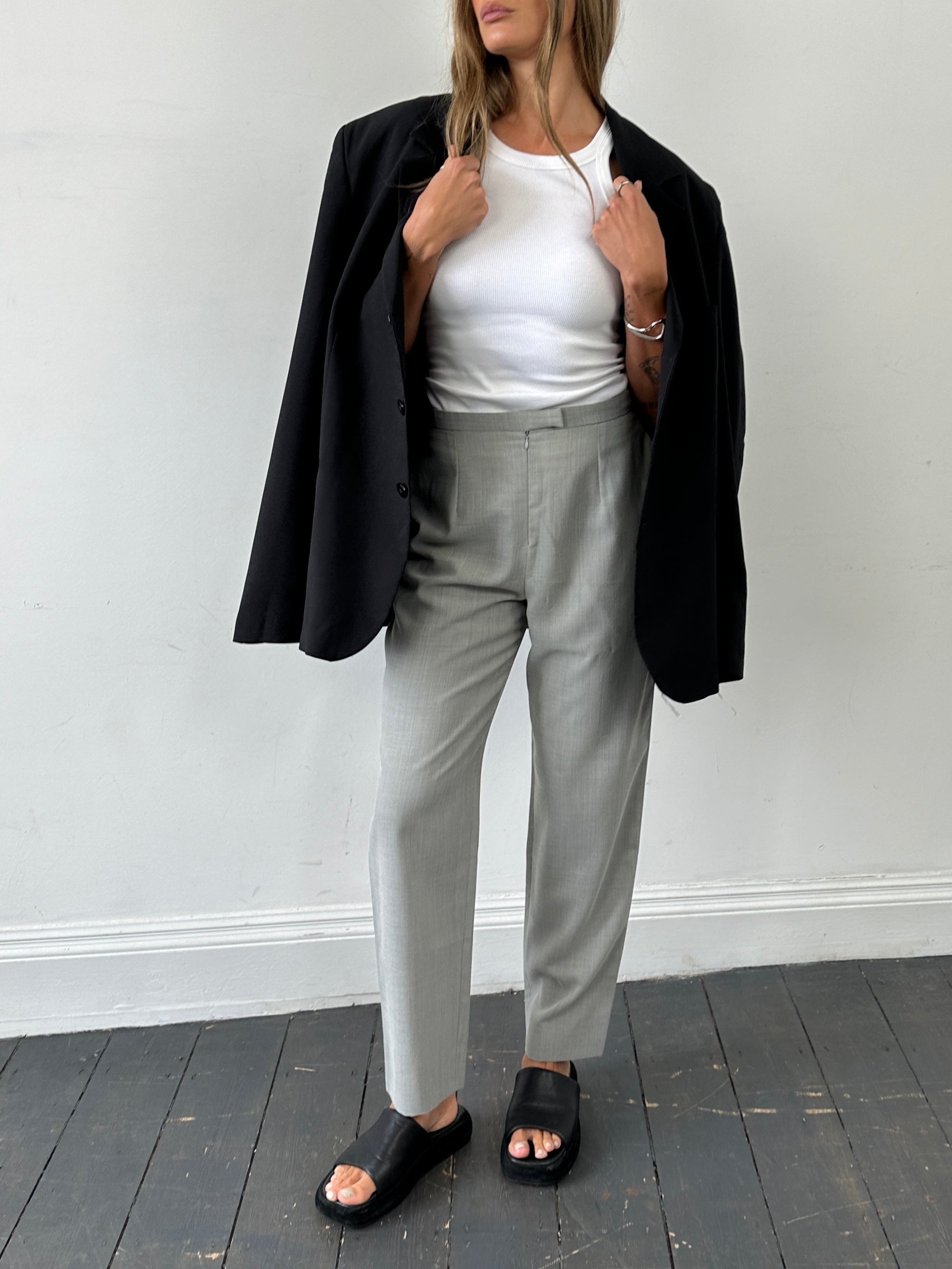 Marella wool blend high-waisted tapered leg trousers in neutral fabric, front view, size W28.