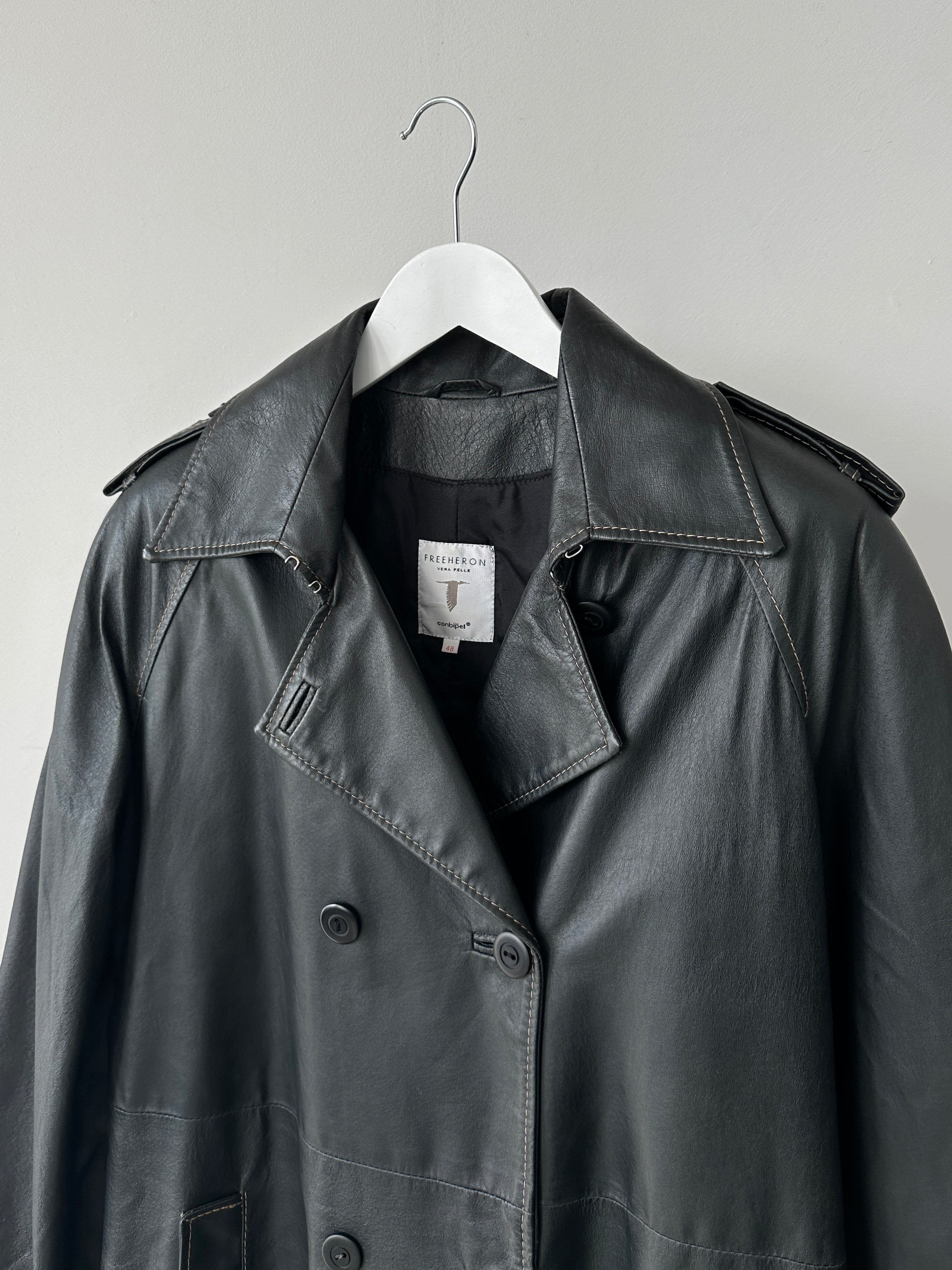 Conbipel contrast stitch double-breasted leather trench coat for men, featuring classic design and stylish details.
