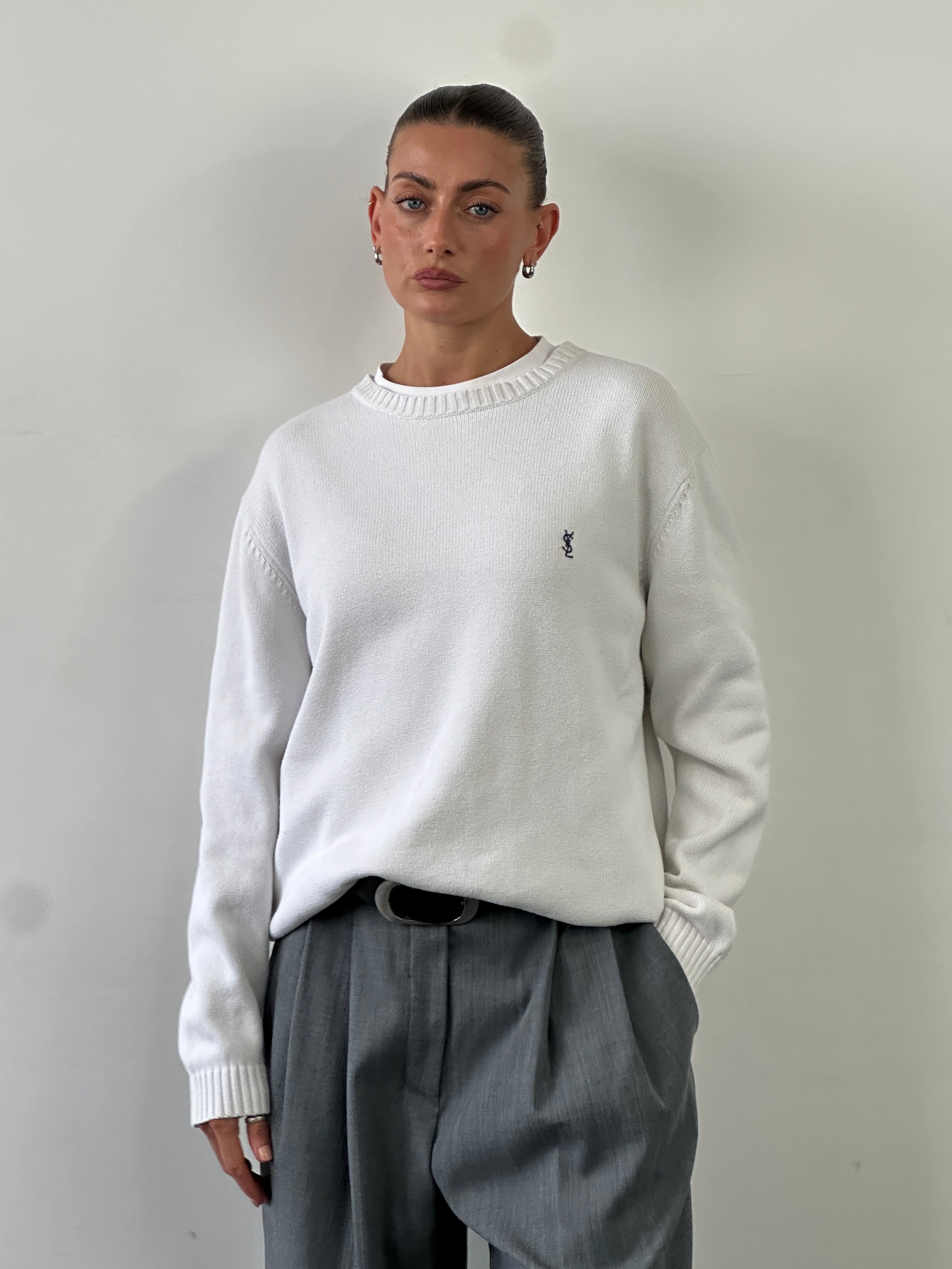 Yves Saint Laurent Pour Homme 2000s pure cotton knitted logo jumper in size L, featuring a classic design and embroidered YSL logo.