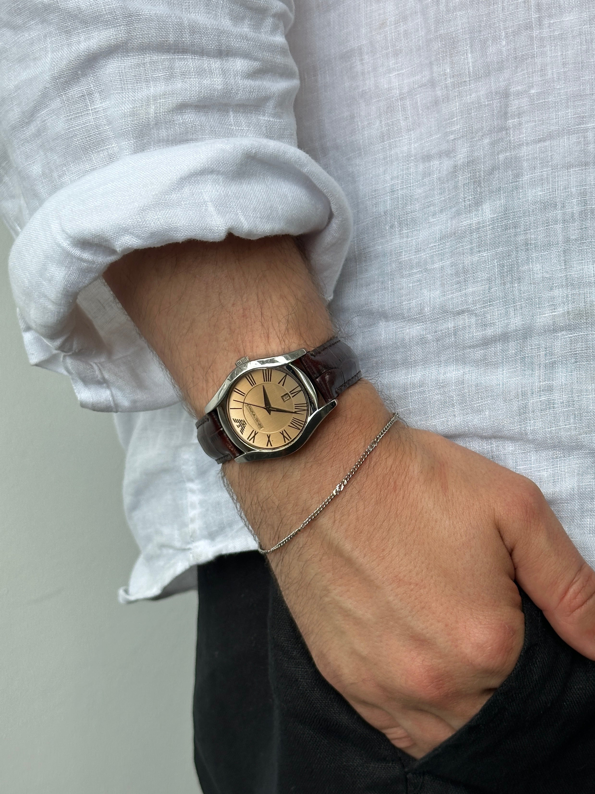 Emporio Armani 2000s Stainless Steel Leather Logo Watch