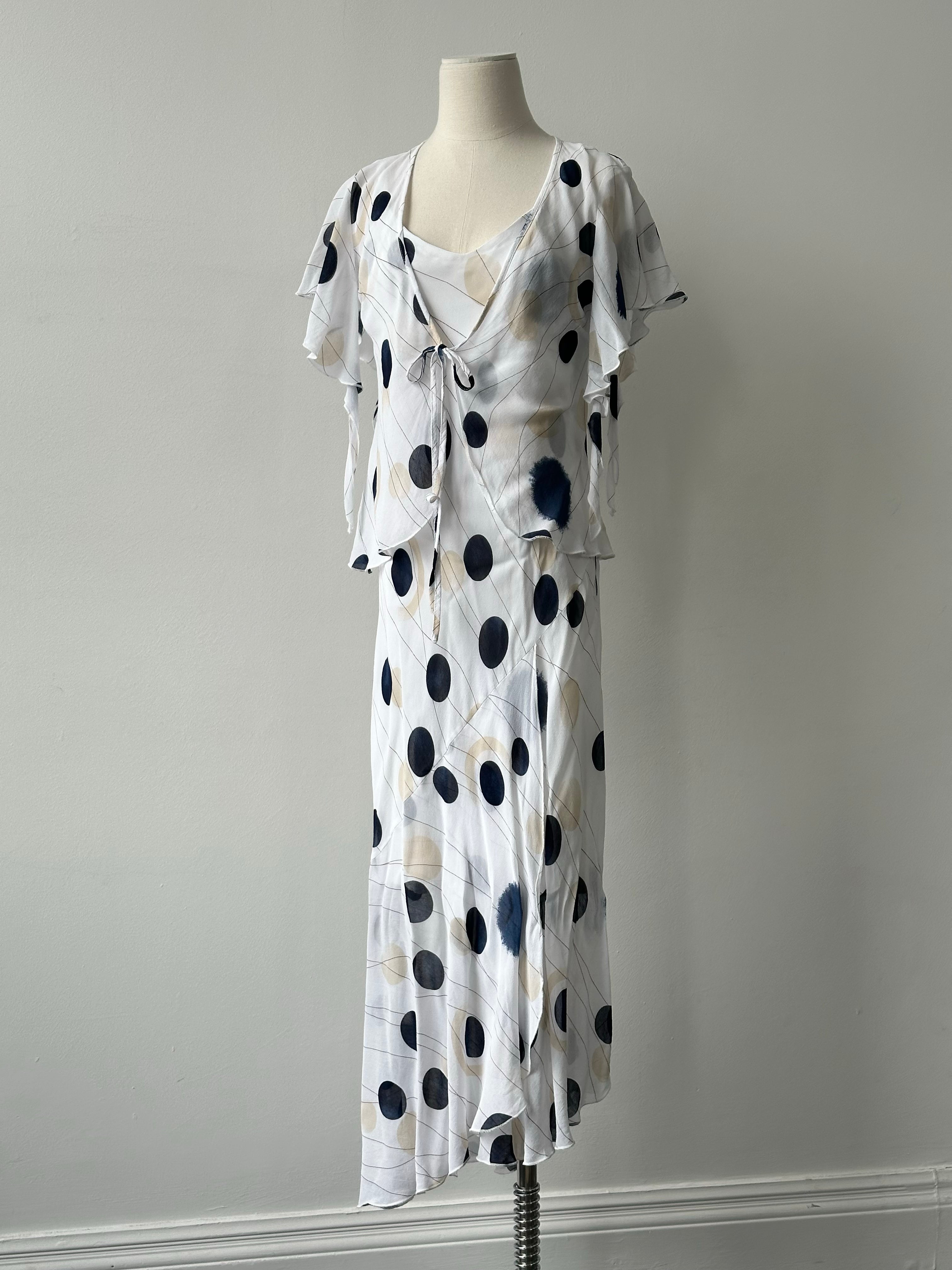 MANI 1990s spotted two-piece slip dress set, M/L, featuring a vintage style with a fitted slip dress and matching top.
