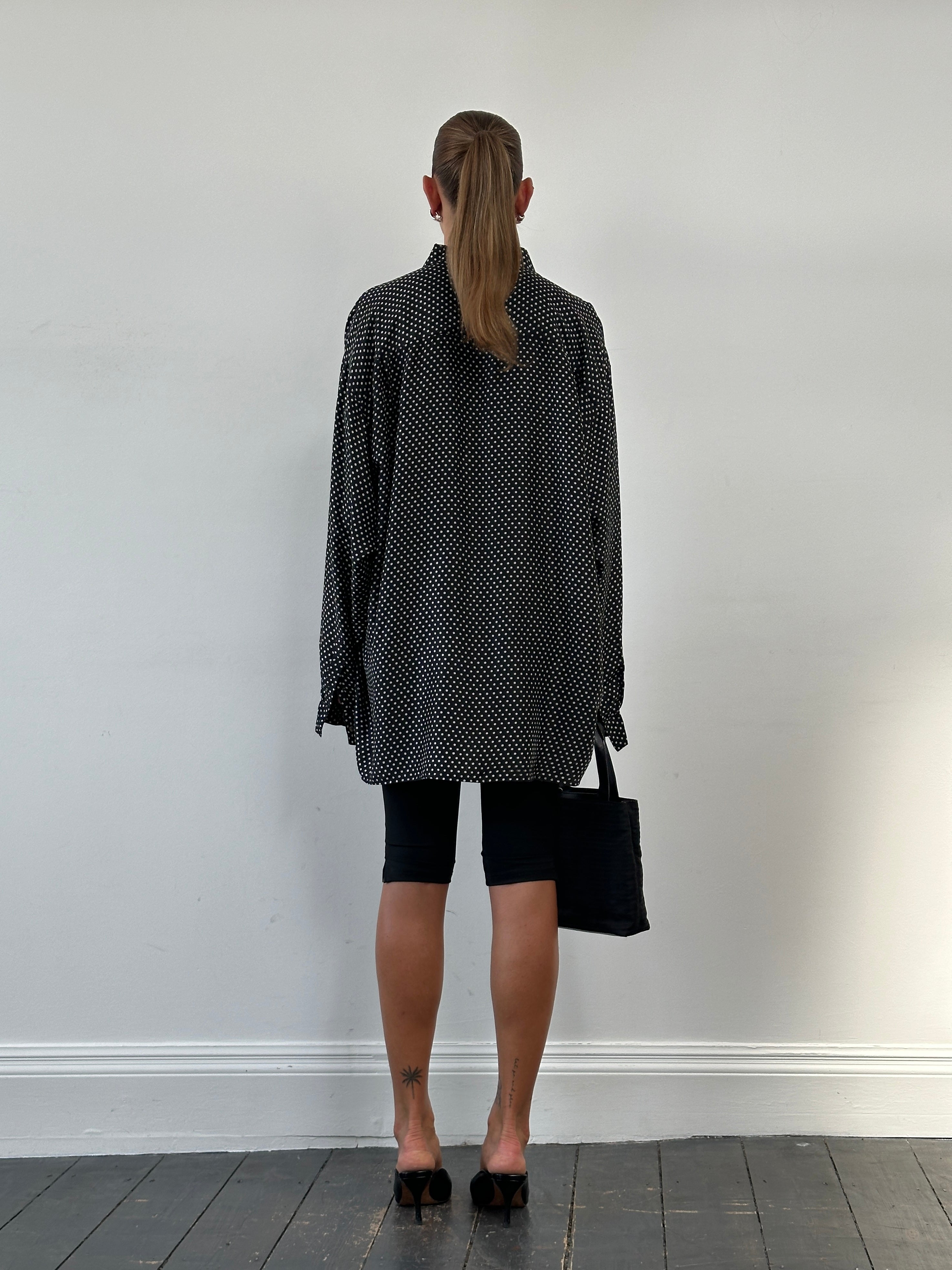 Vintage pure silk polkadot shirt in XXL, featuring a stylish design with a classic polka dot pattern and silky texture.