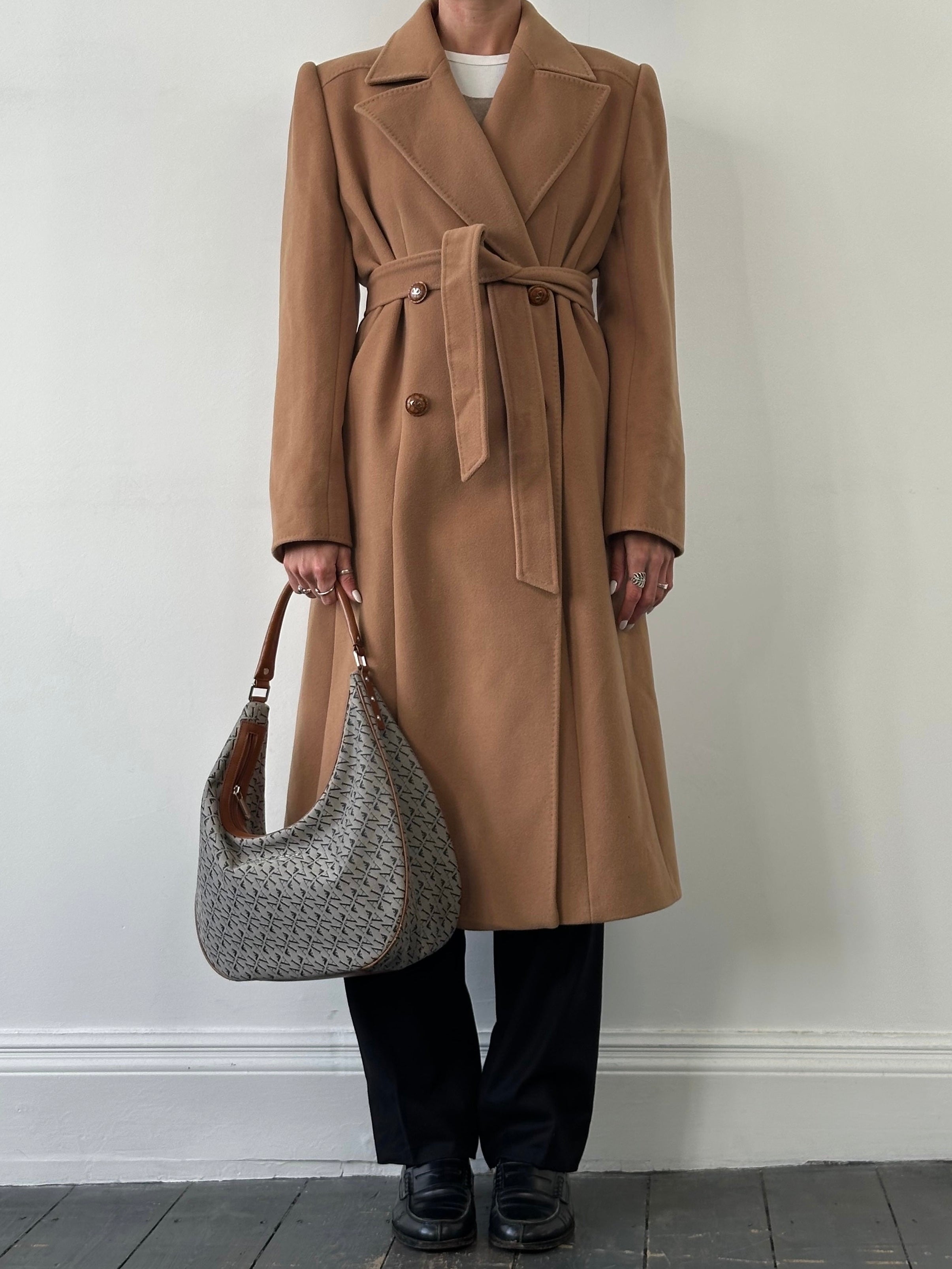 Valentino 1990s pure wool double-breasted coat with belt, tailored design, in size Large, featuring classic buttons and elegant style.