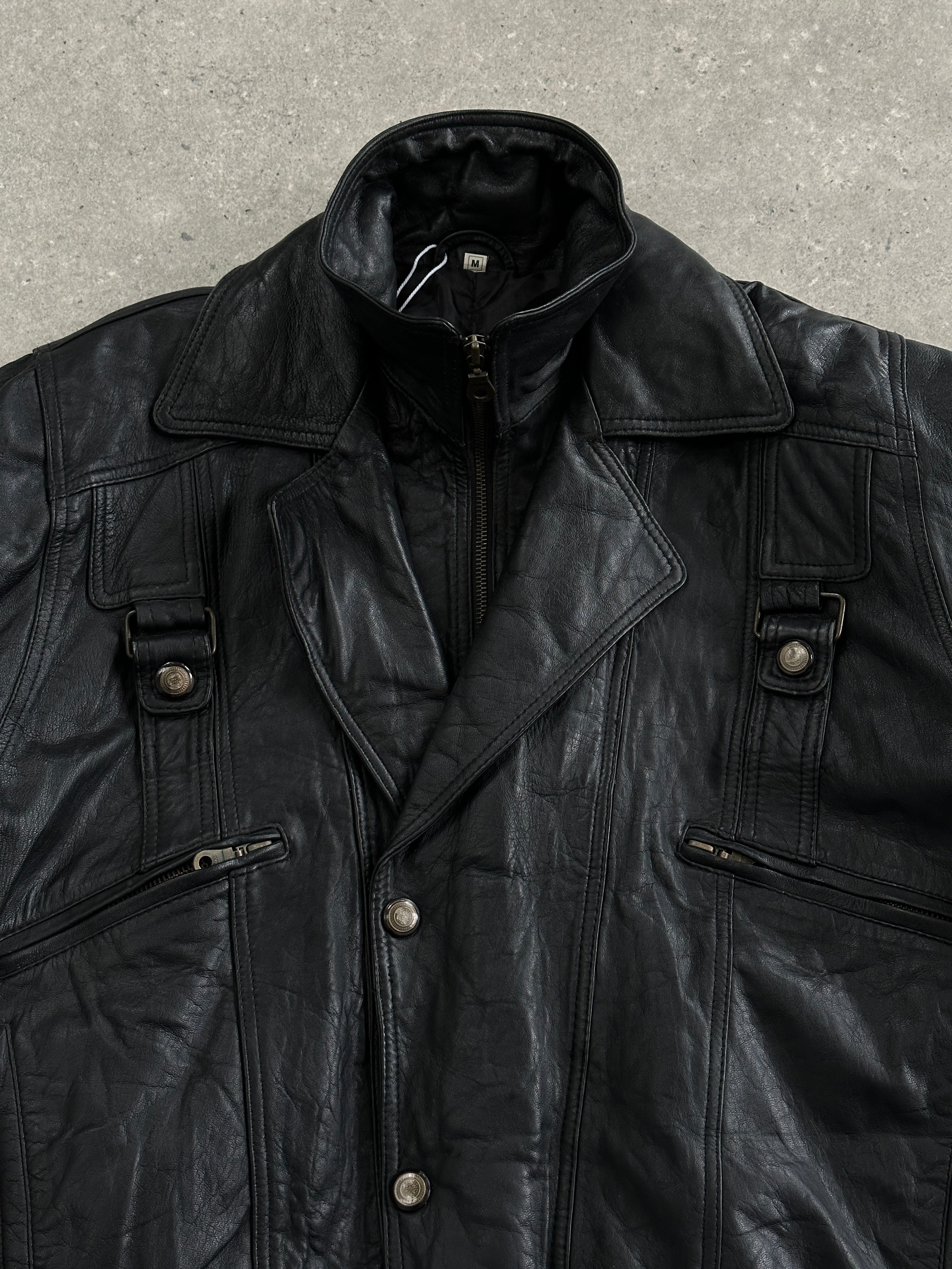 Vintage 1990s high neck leather bomber jacket in size M, featuring classic design and durable black leather.