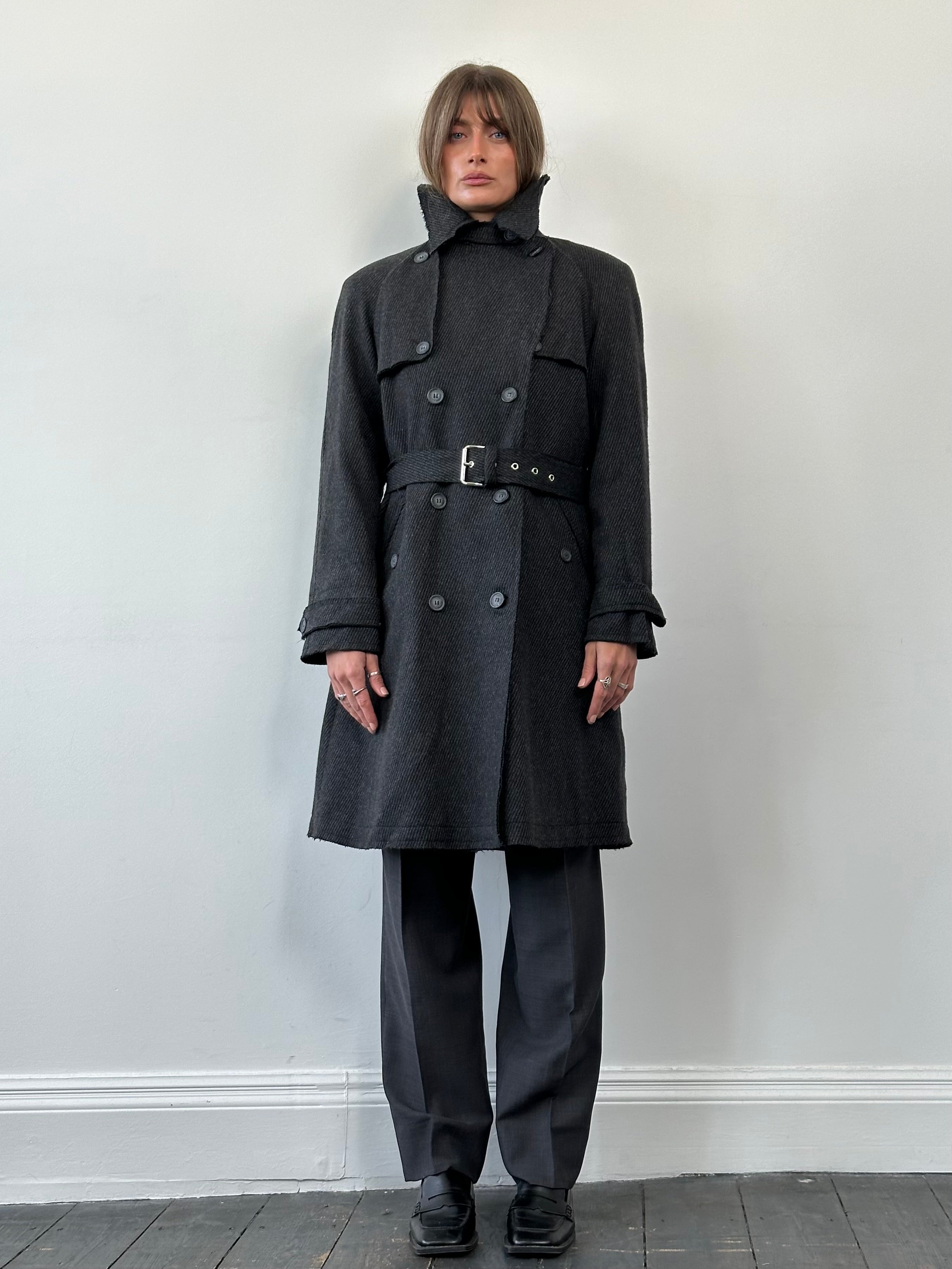 Dolce & Gabbana 2000s wool double-breasted belted coat in size L, beige with classic lapels and stylish design.