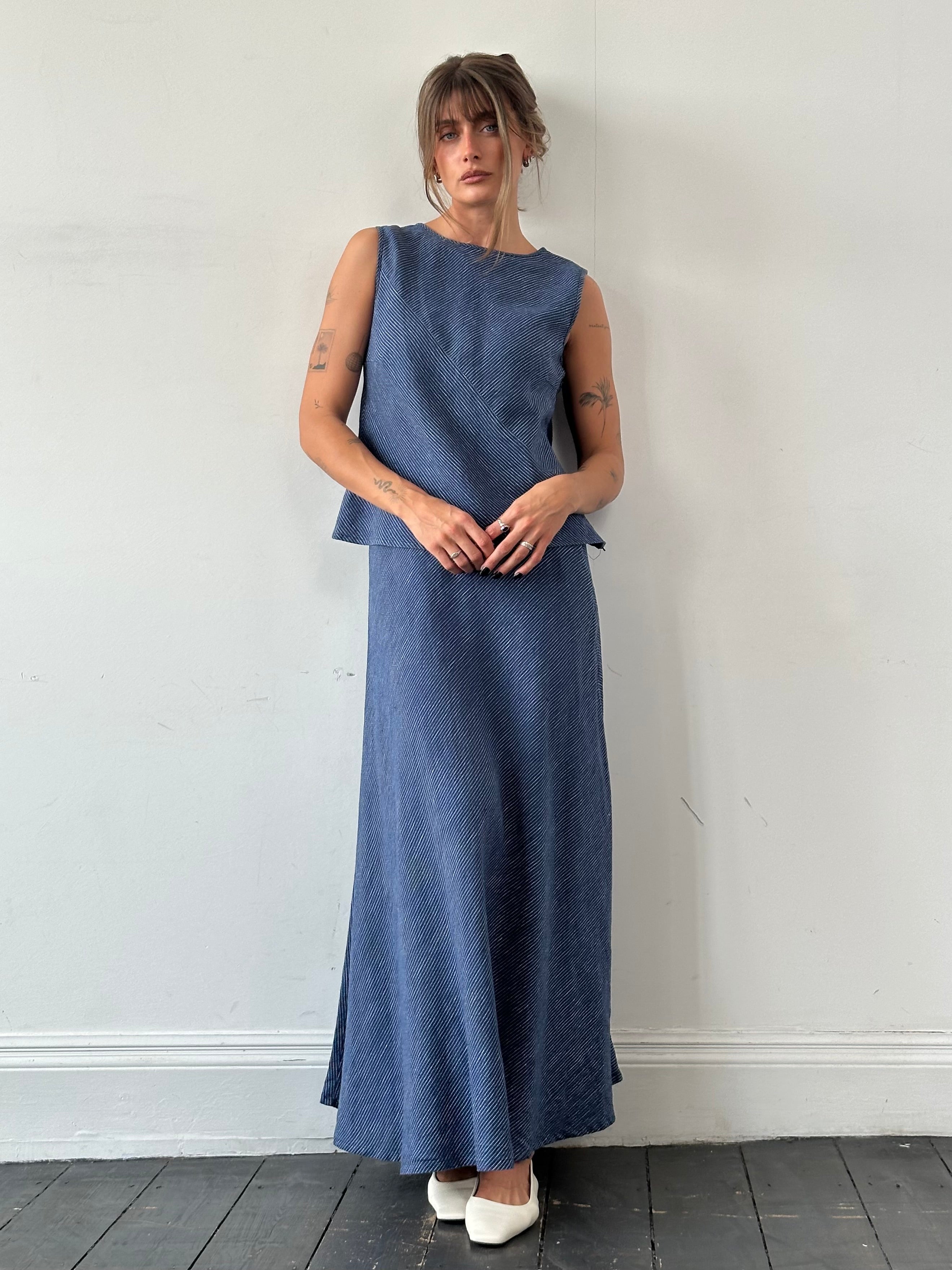 Jaeger pure linen stripe skirt and top set, two-piece ensemble in natural linen with blue and white stripes, size M/W28