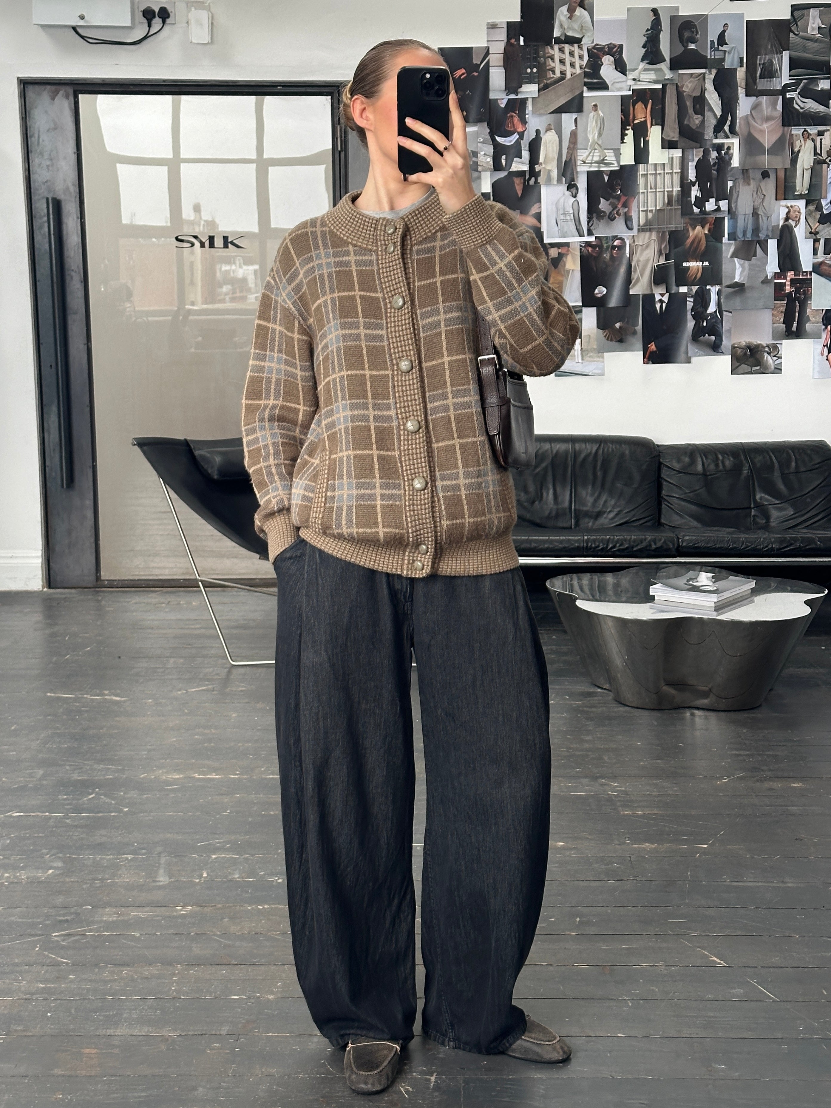 Vintage Italian 1990s wool check cardigan in XL with classic plaid pattern, soft knit fabric, and button closure.