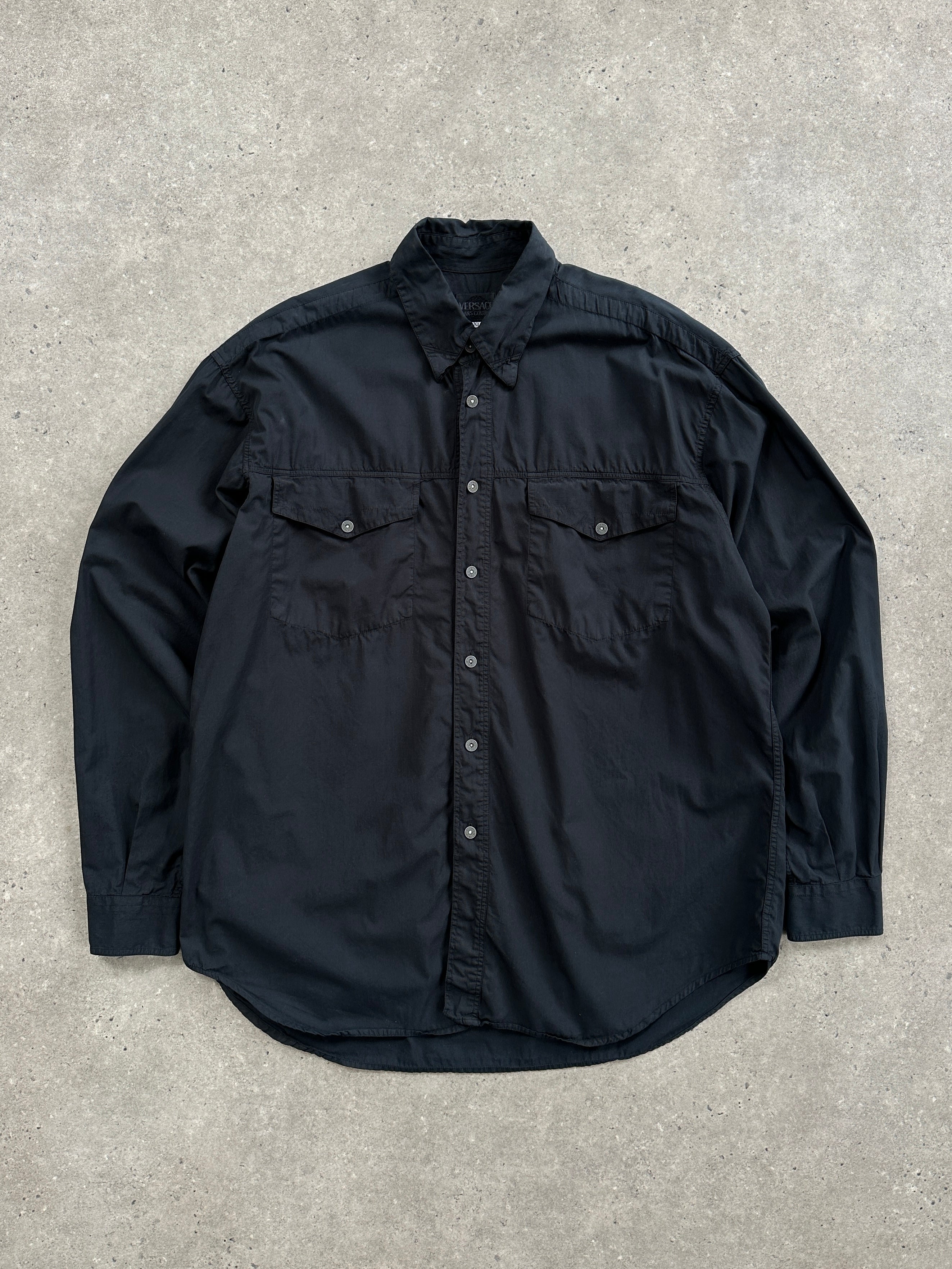 Versace Jeans Couture 1990s pure cotton shirt in XL, featuring classic design and stylish fit, displayed on a hanger.