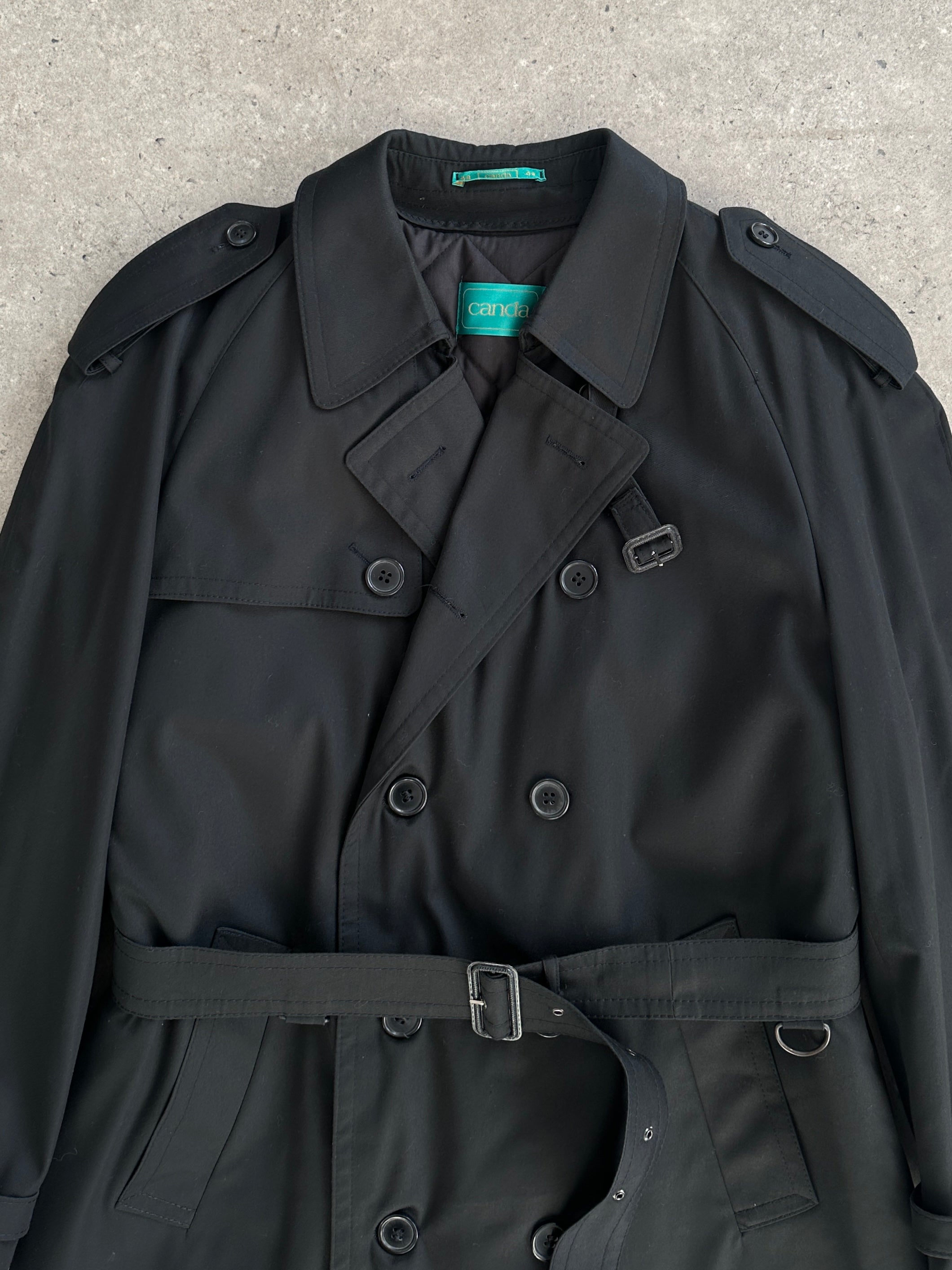 Vintage double-breasted belted trench coat, floor length, in XL size, featuring classic style and timeless design.