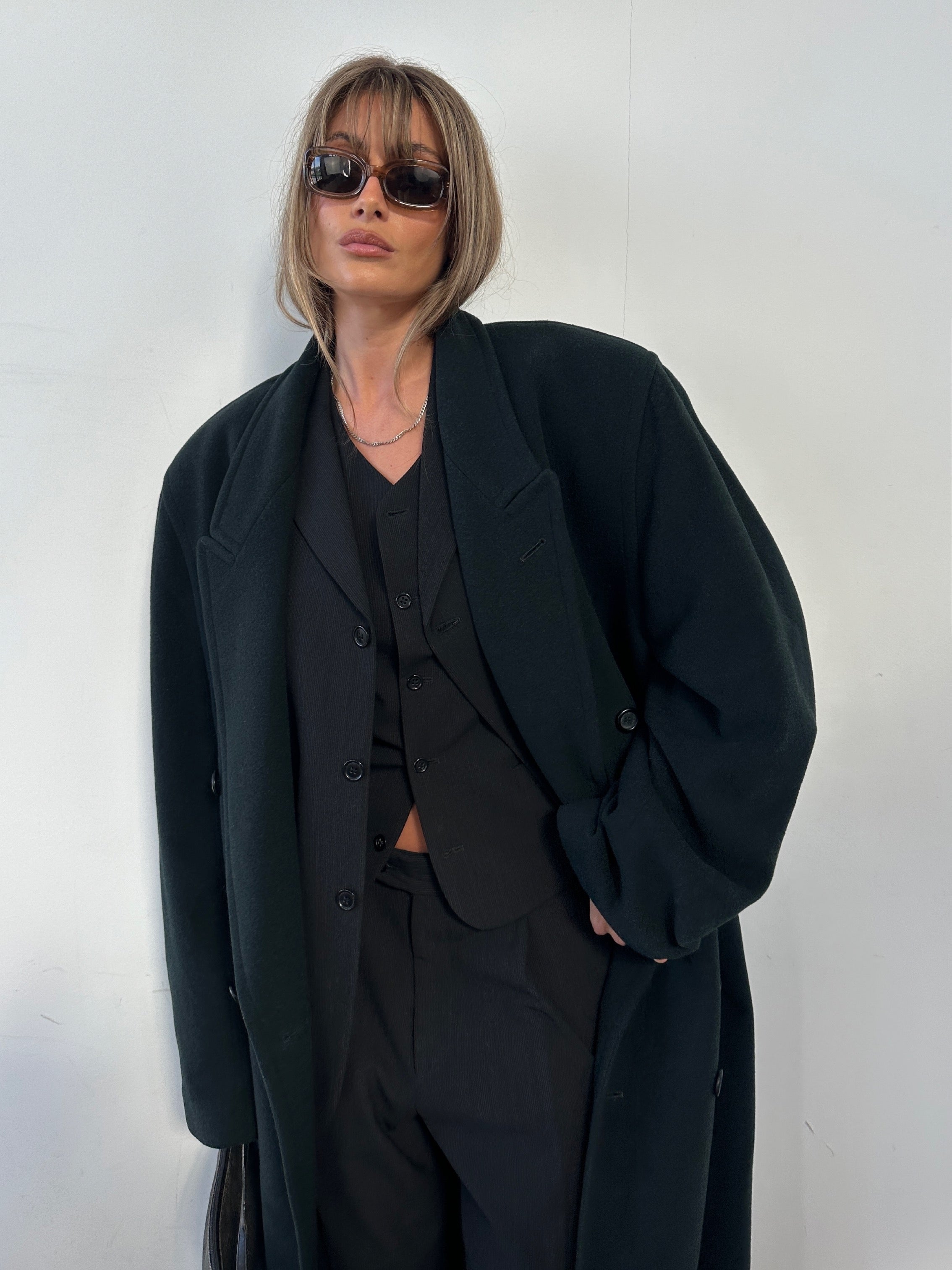 Pierre Cardin pinstripe wool three-piece suit in size 40S/W32, shown on a hanger with jacket, vest, and trousers.