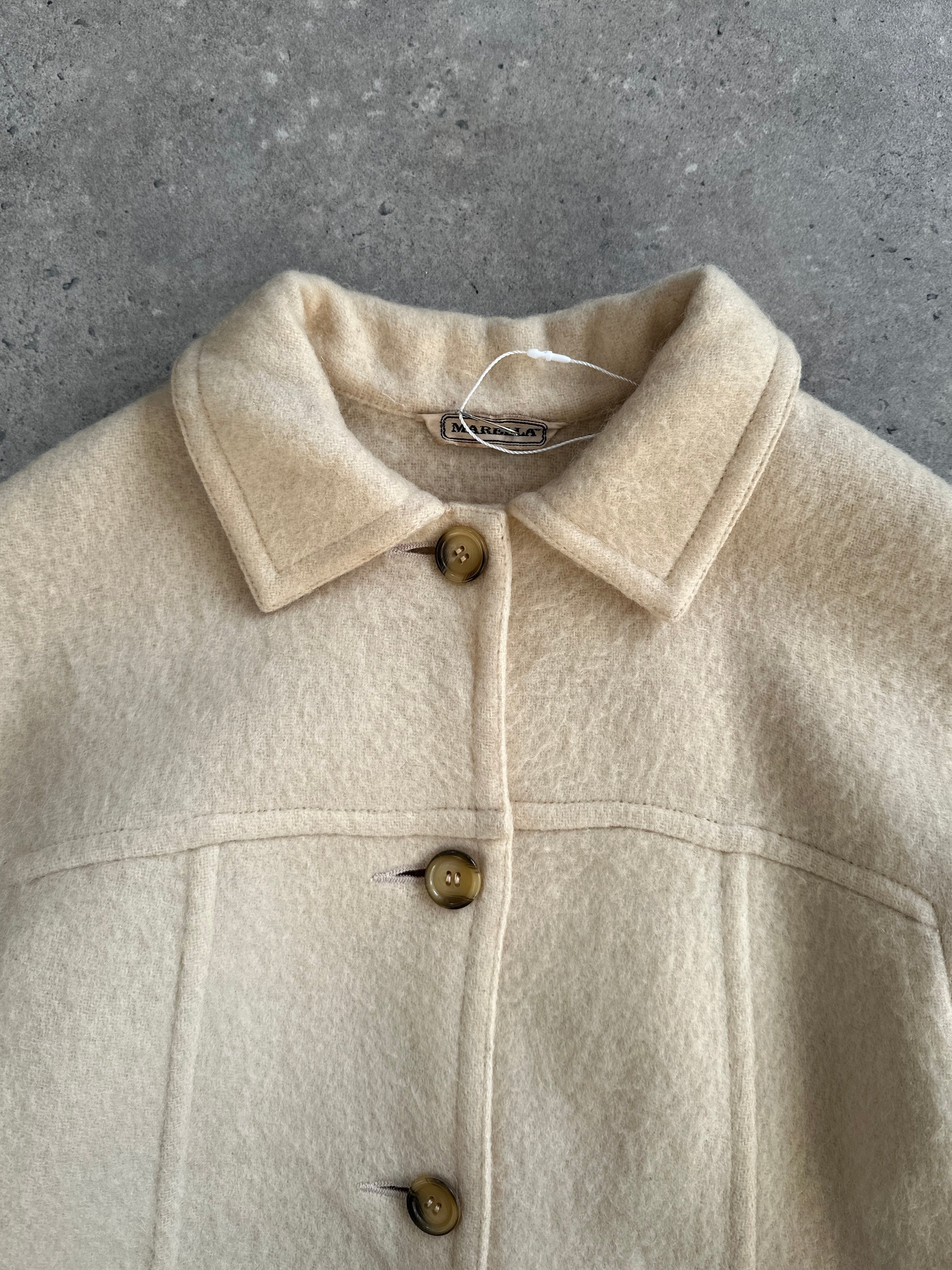 Marella 80s wool double-faced single-breasted coat in black, showing the tailored lapels and front buttons.