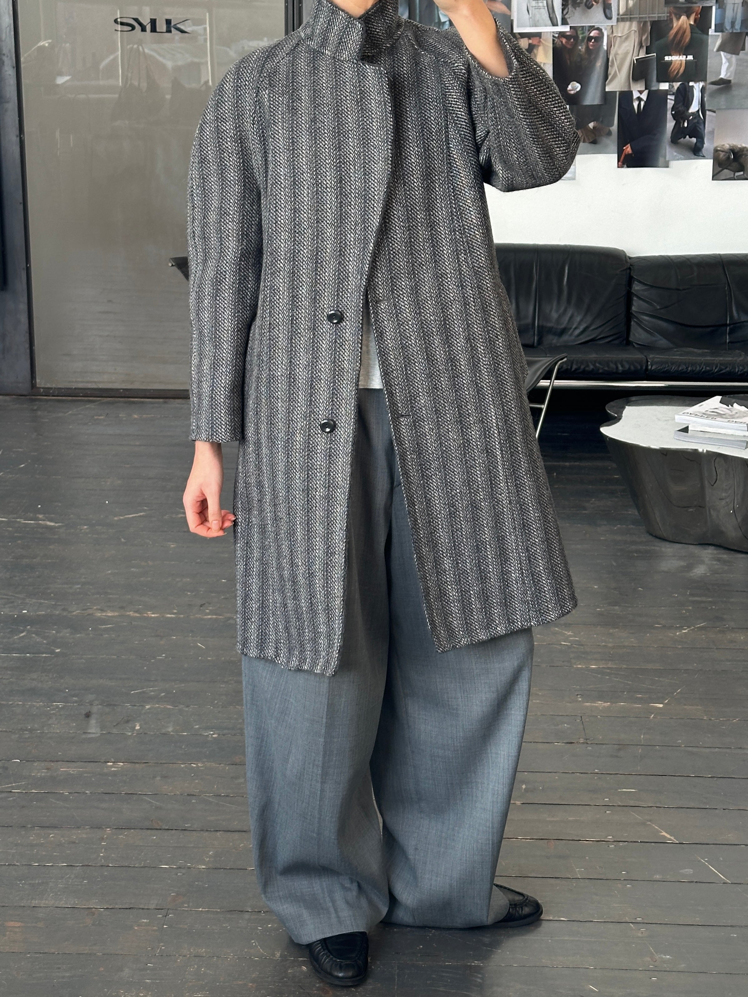 Marina Rinaldi 1990s pure wool double-faced single-breasted coat in size S, shown on a hanger with a neutral background.