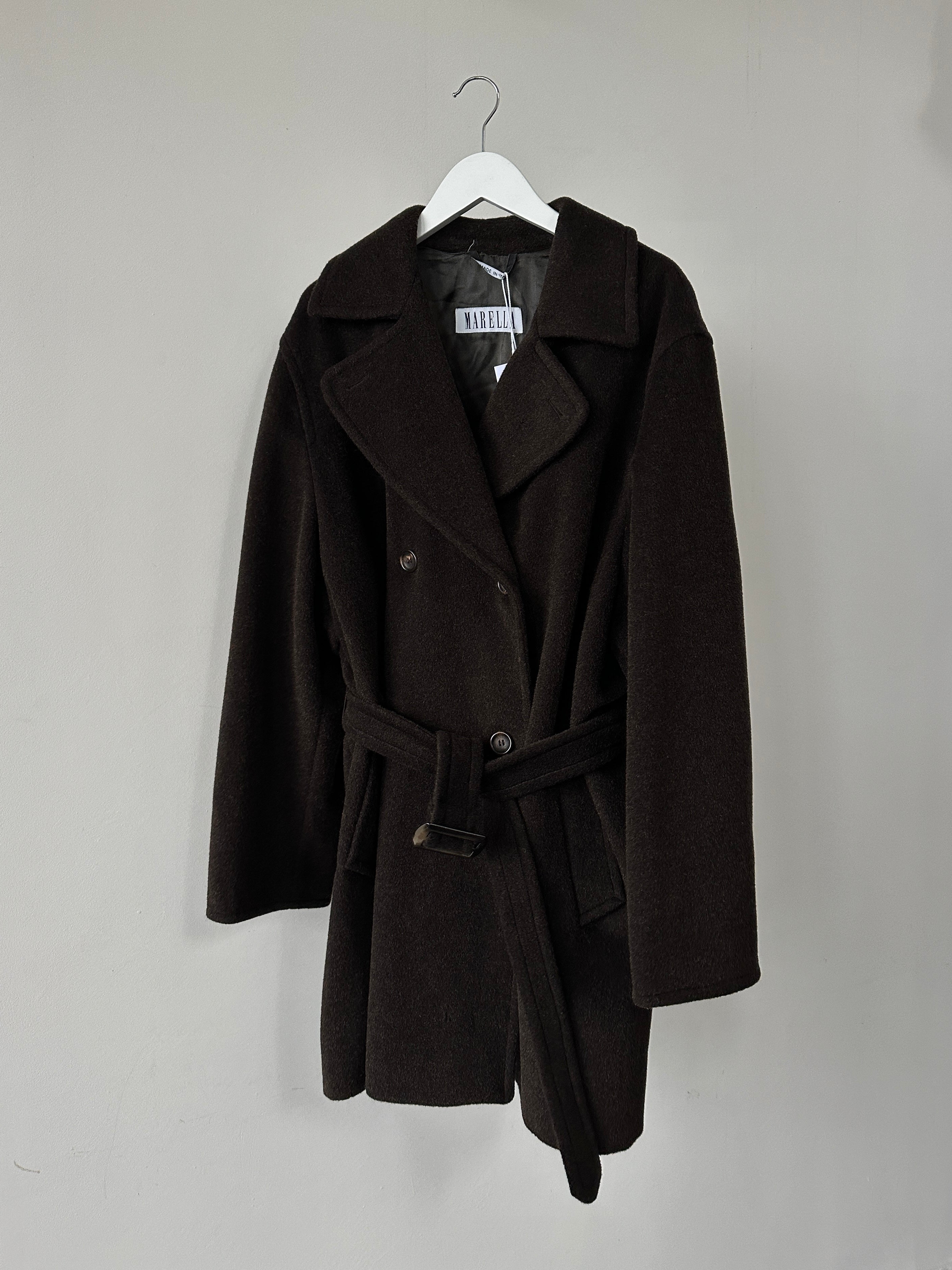 Marella wool mohair double-breasted belted coat in size L/XL, featuring a classic design and tailored fit.