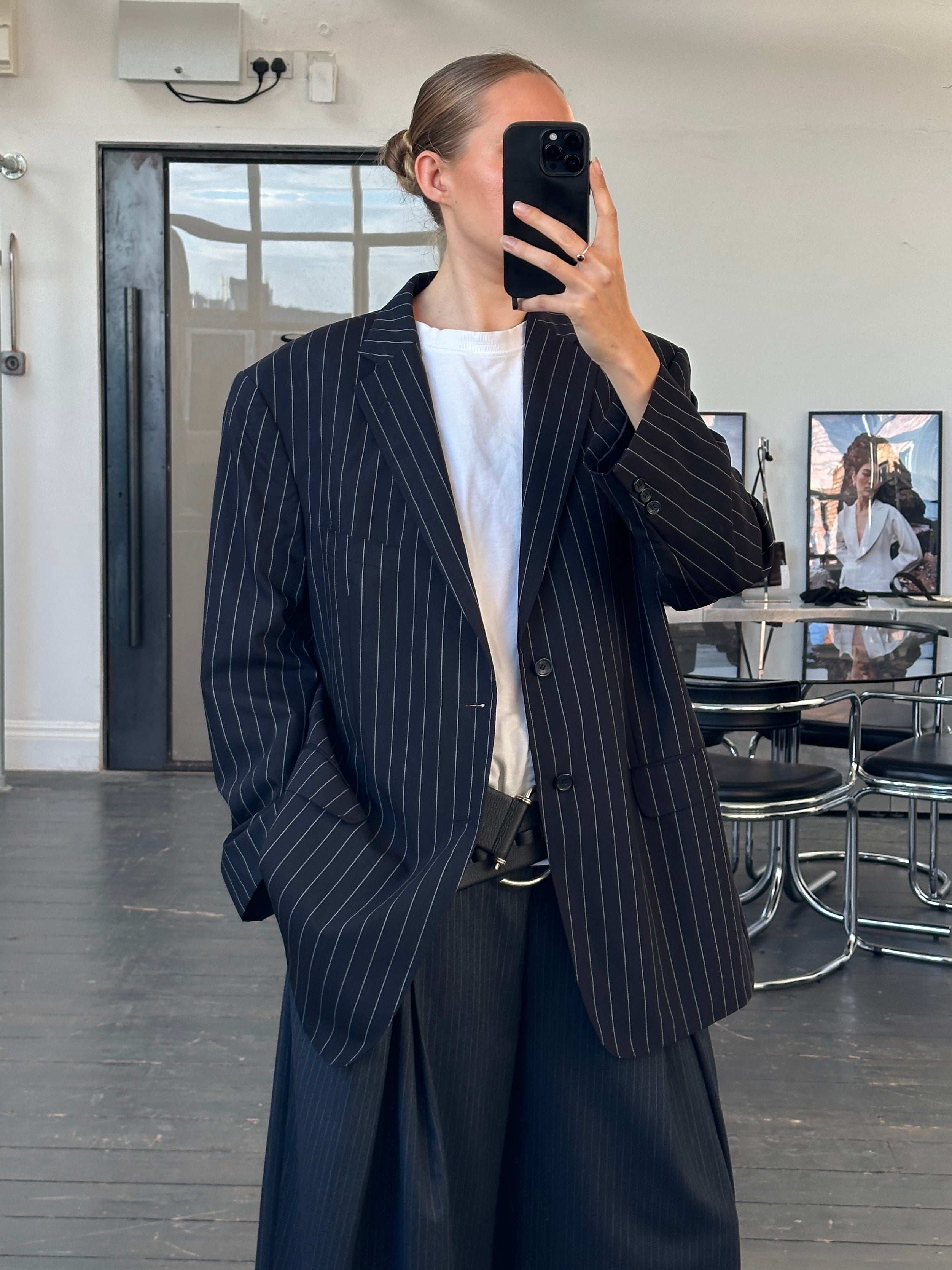 Versace Collection stripe pure wool single-breasted blazer in size 44R/XL, featuring a tailored fit and classic design.