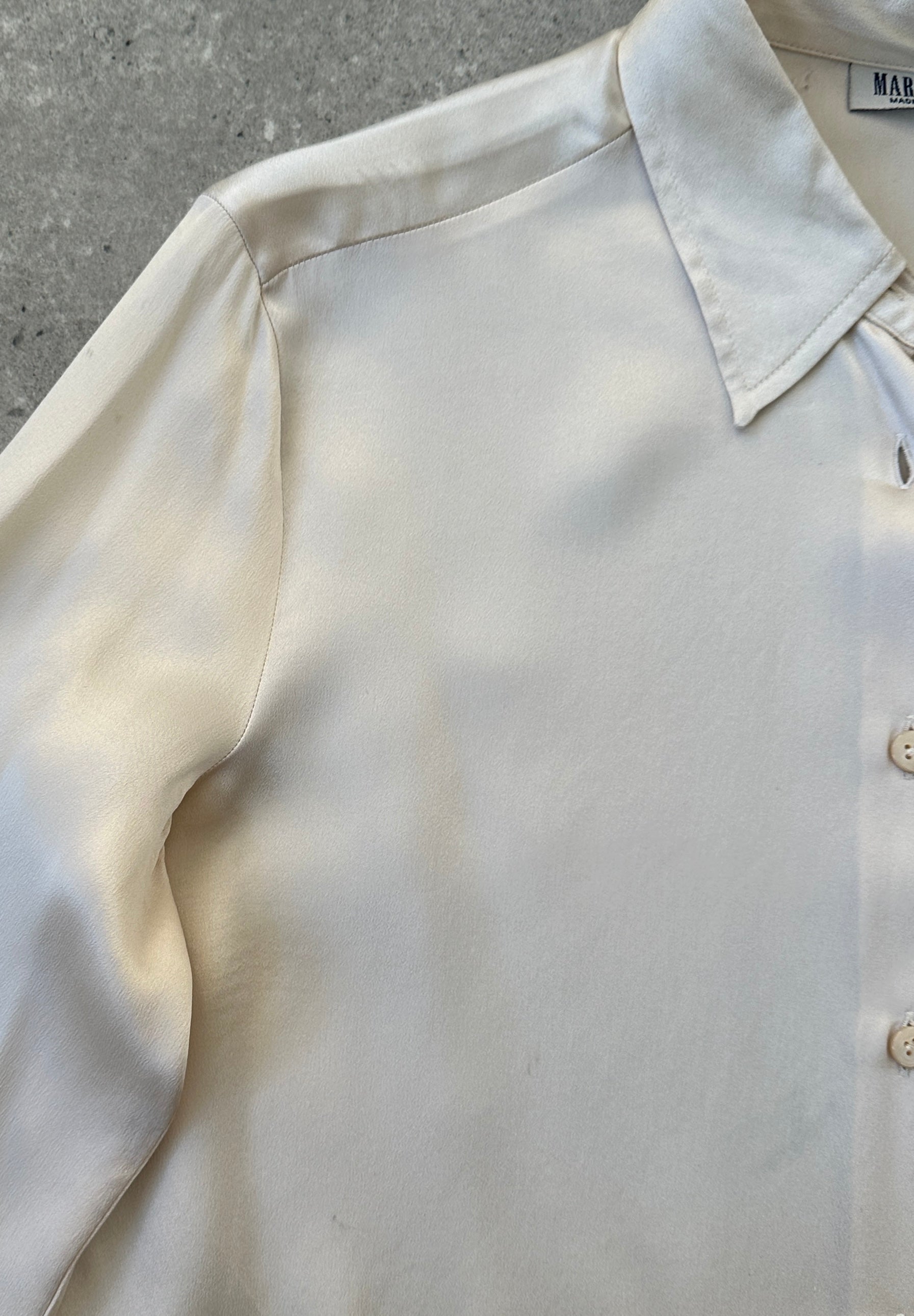Marella satin fitted shirt in size S, shown in a close-up image highlighting the smooth fabric and tailored fit.