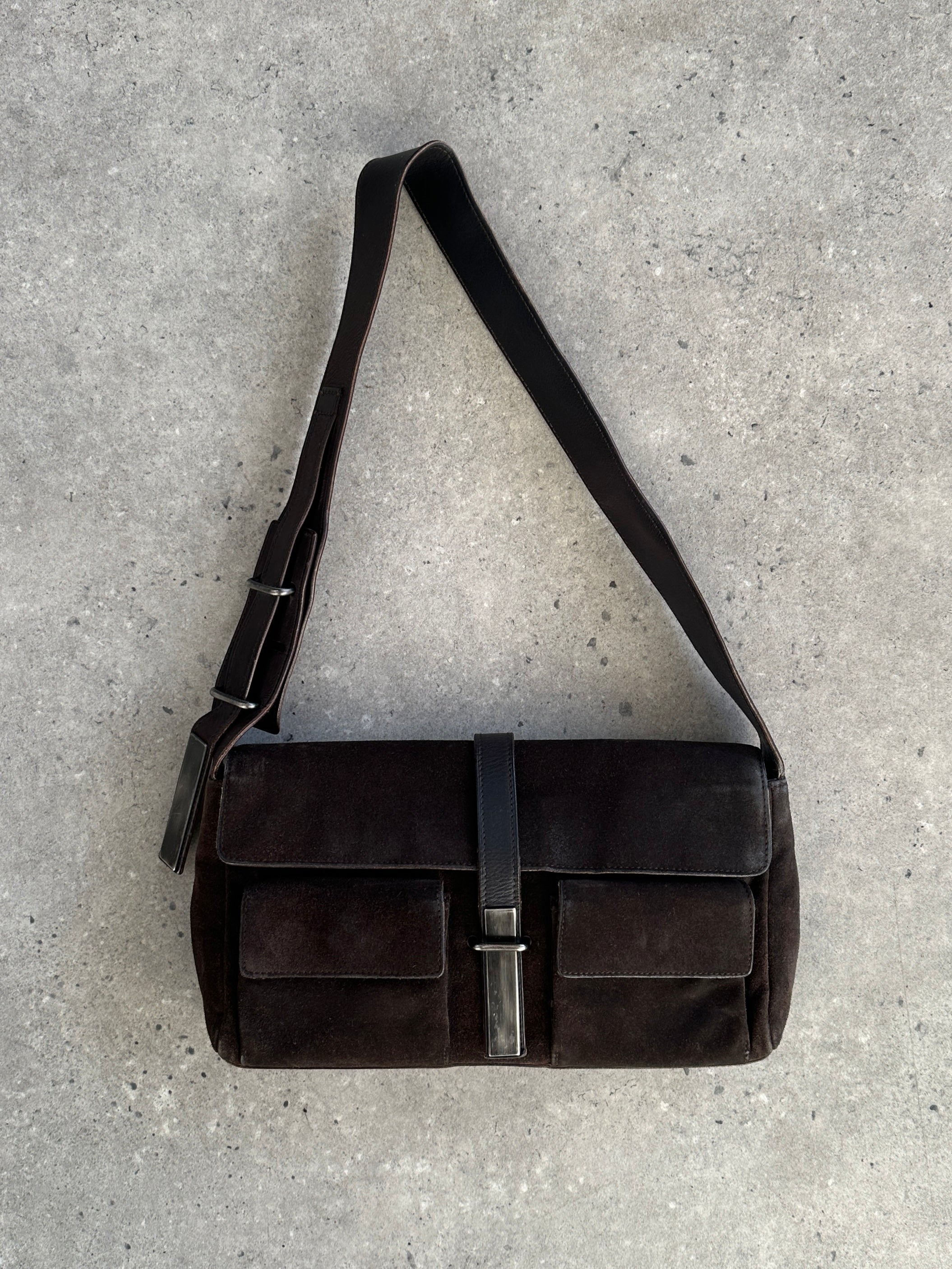 Yves Saint Laurent Rive Gauche 2000s suede shoulder bag with gold-tone hardware and classic design.