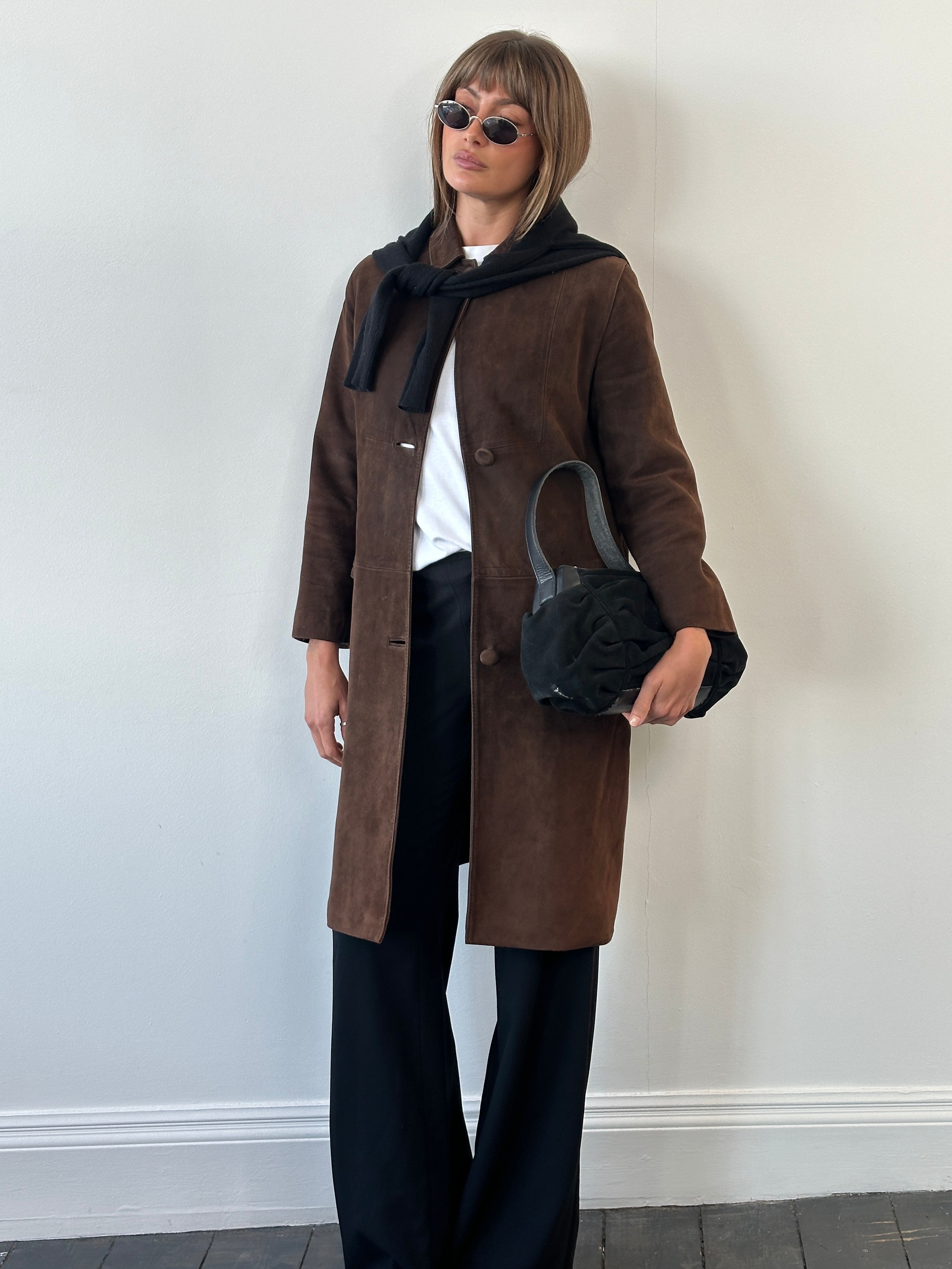 Pierre Balmain alligator suede trench coat, 1980s style, in size small/medium, featuring classic tailored design and luxurious texture.