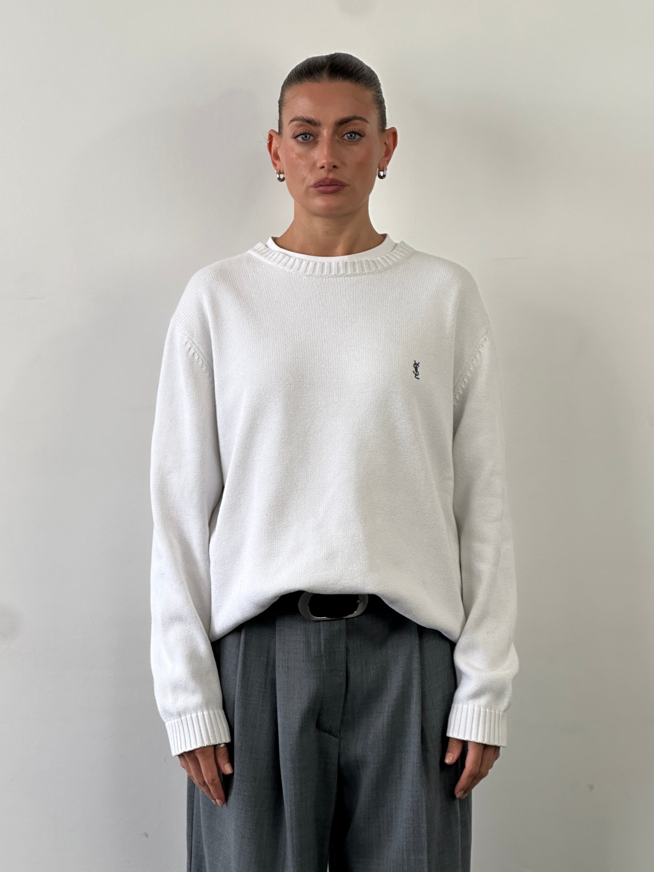 Yves Saint Laurent Pour Homme 2000s pure cotton knitted logo jumper in size L, featuring the iconic YSL logo on the front.