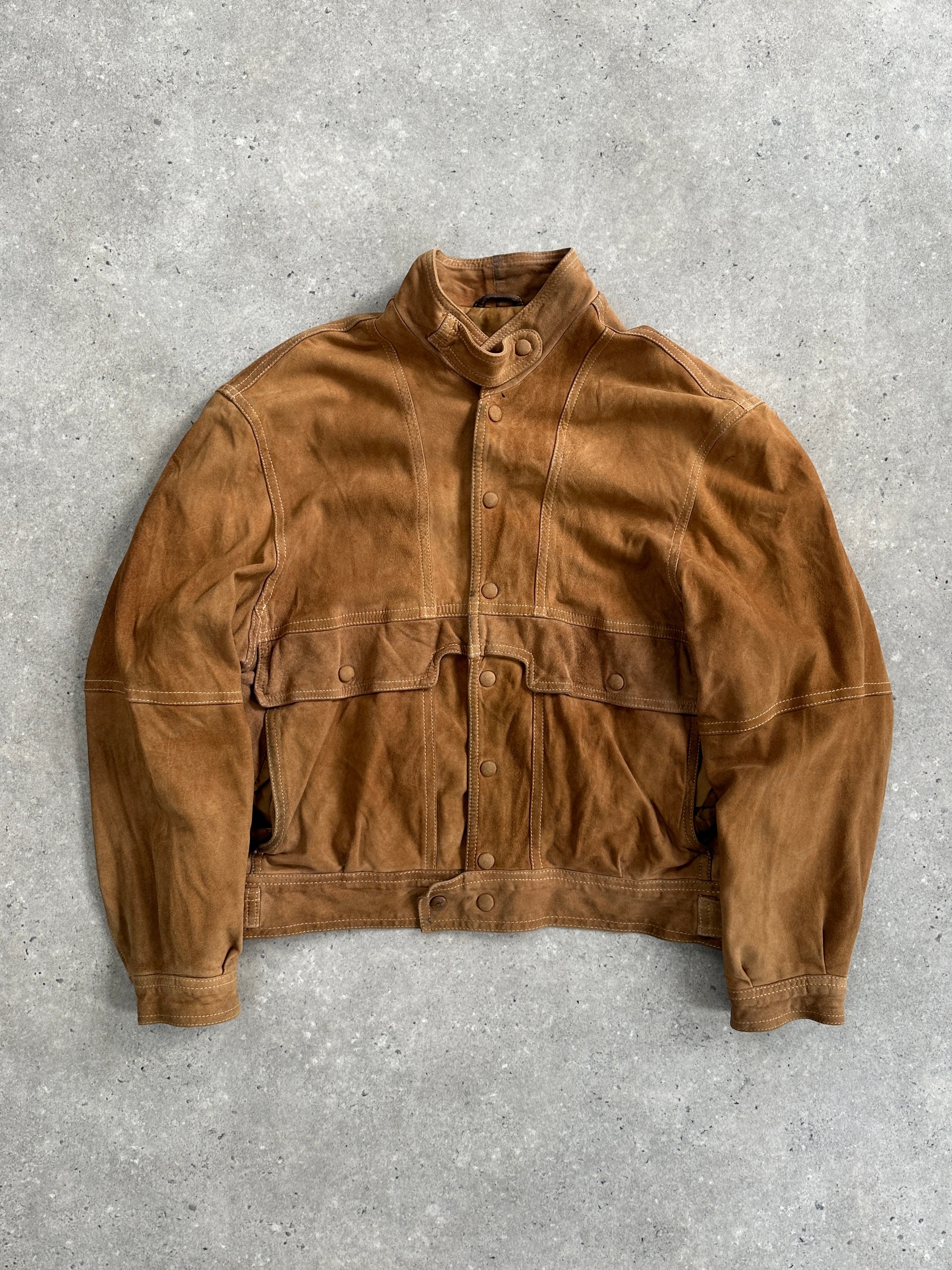 Vintage high neck suede bomber jacket in size M, featuring a classic design with a smooth suede finish and ribbed collar.