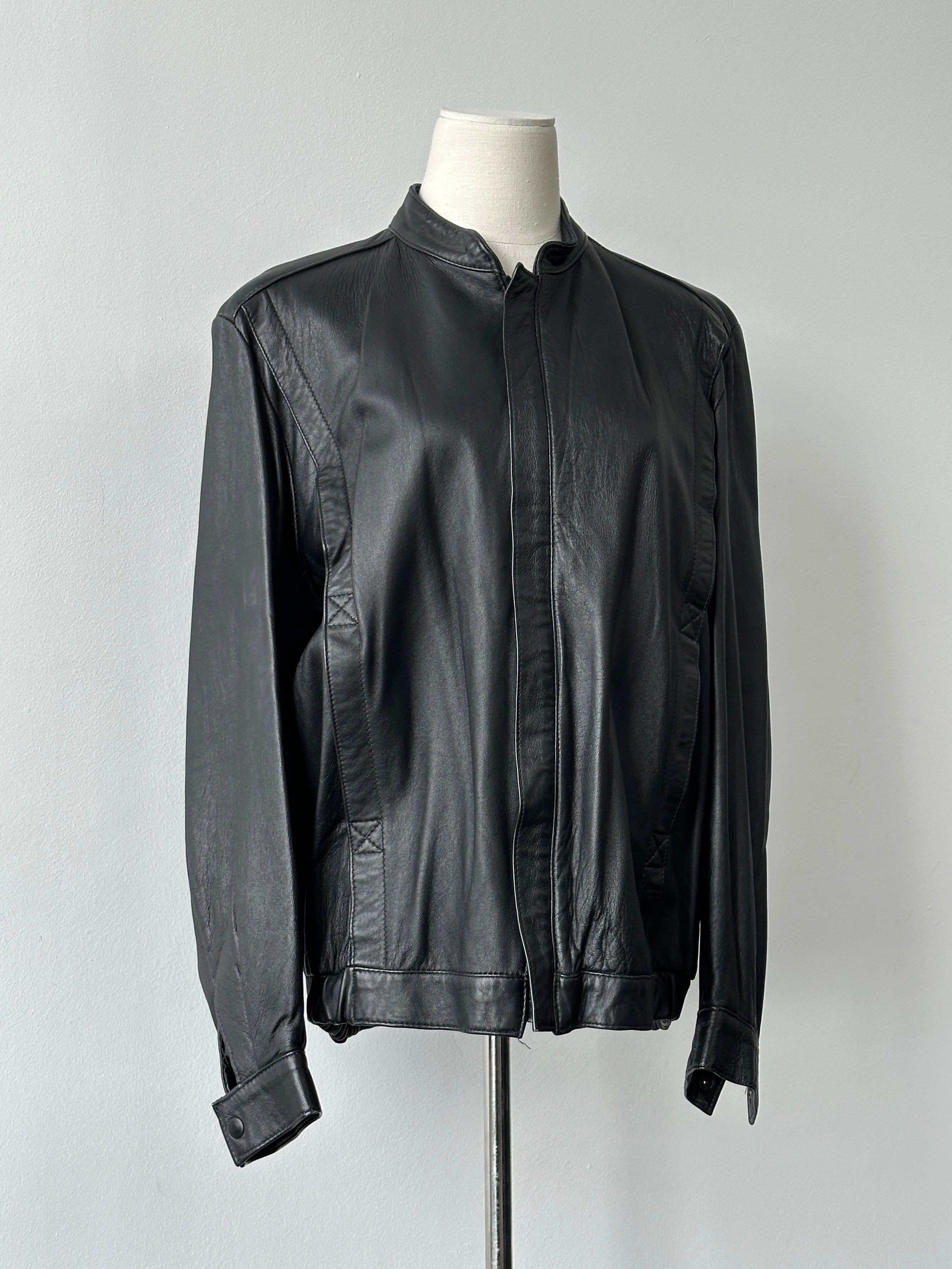British Vintage 1990s Concealed Placket Leather Bomber Jacket - L