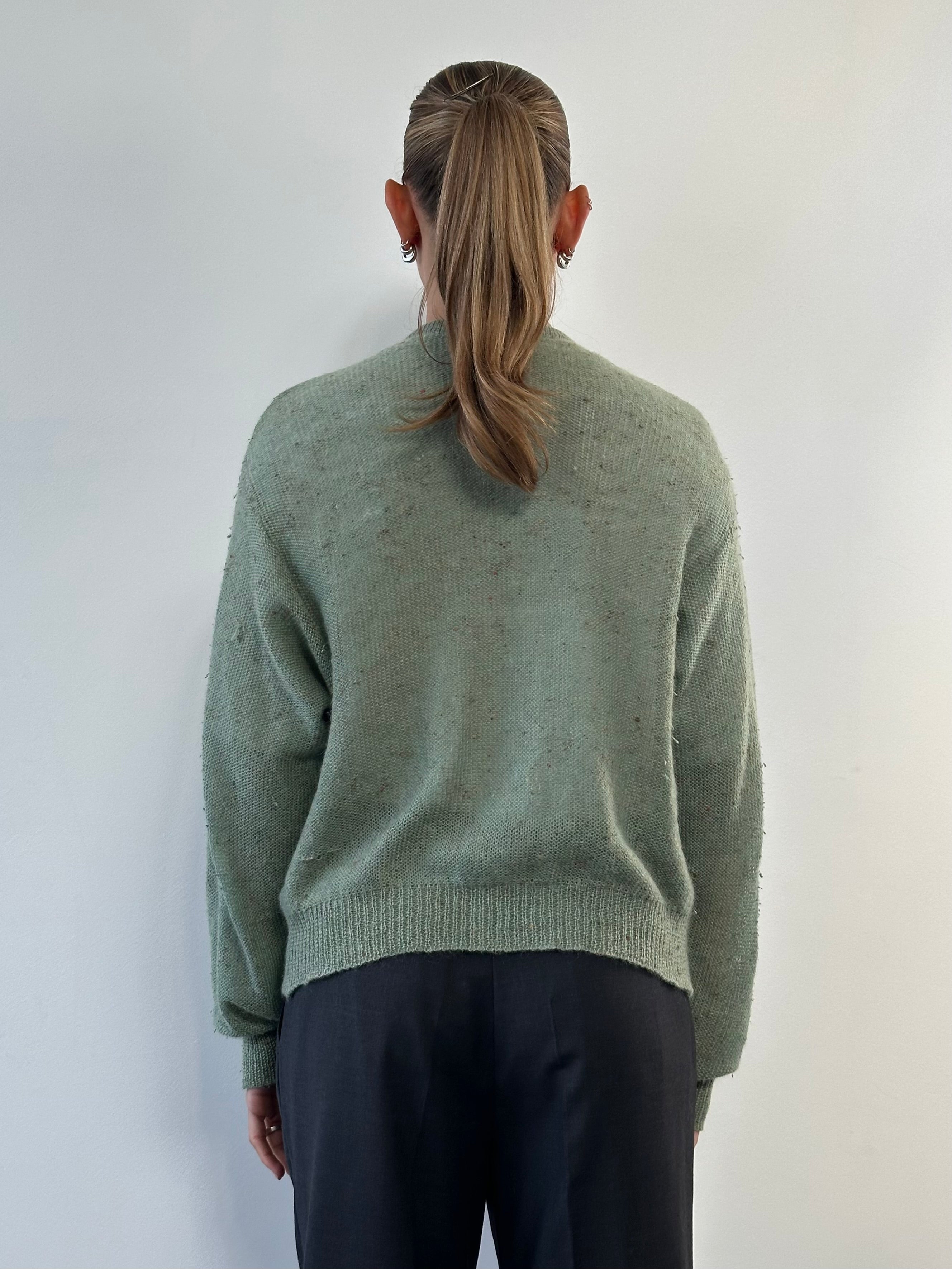 Vintage wool mohair speckle cardigan in size L, featuring a cozy, textured knit with a speckled pattern and classic design.