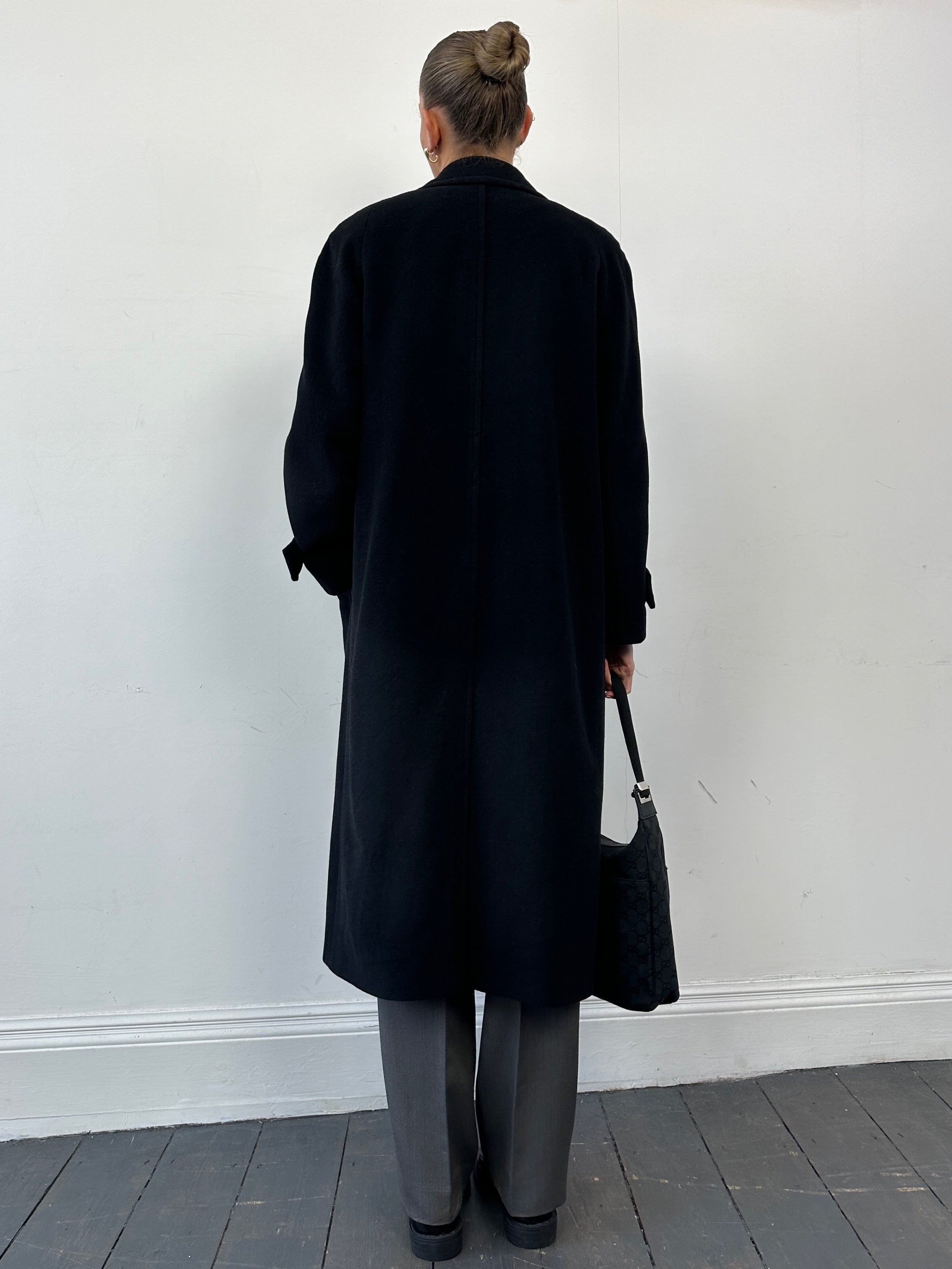 Vintage wool and cashmere double-breasted coat in size small, featuring classic design and tailored fit, shown on a hanger.