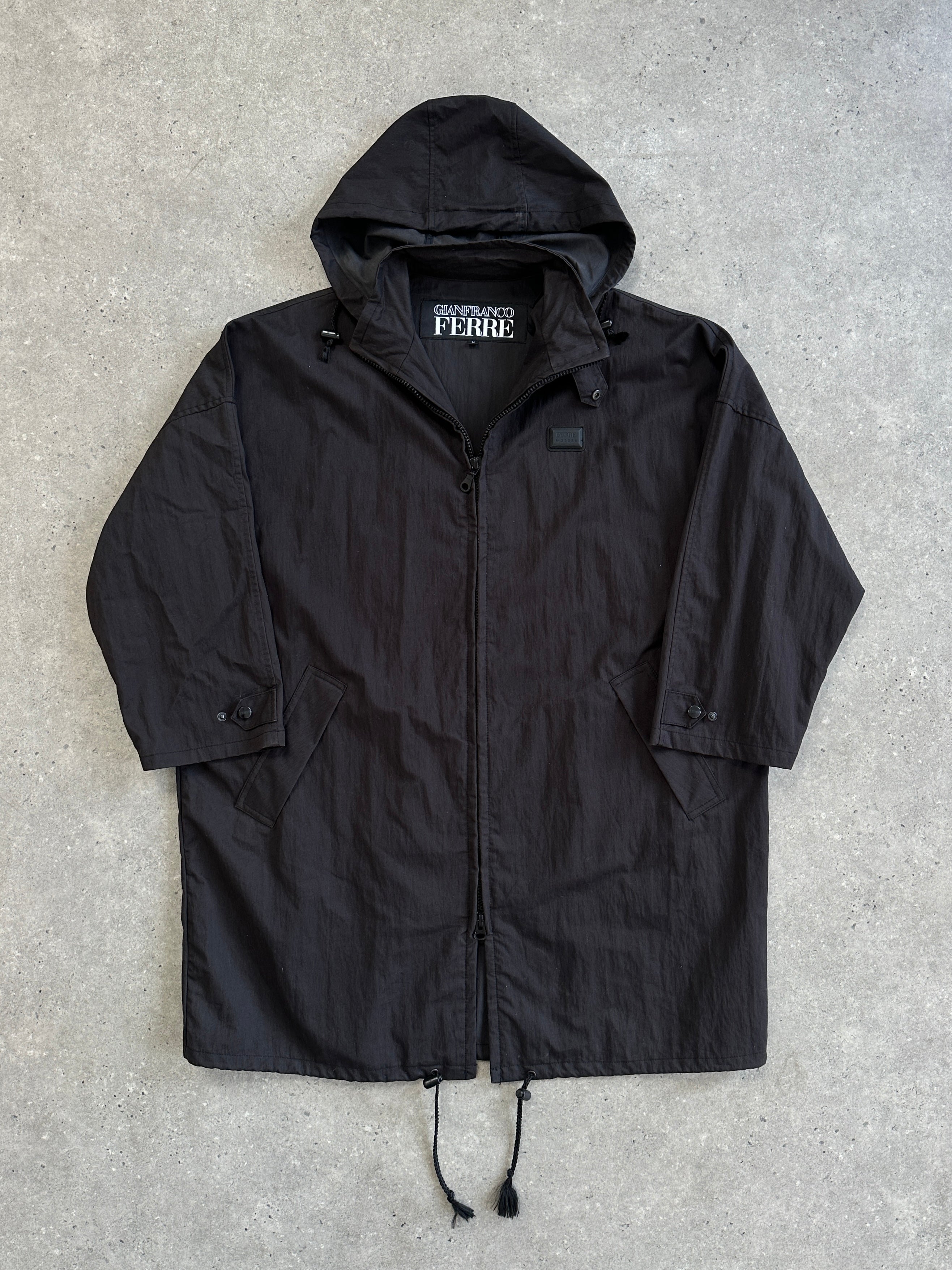 Gianfranco Ferre crinkle hooded parka coat in XL, showcasing the textured fabric, hood, and relaxed fit.