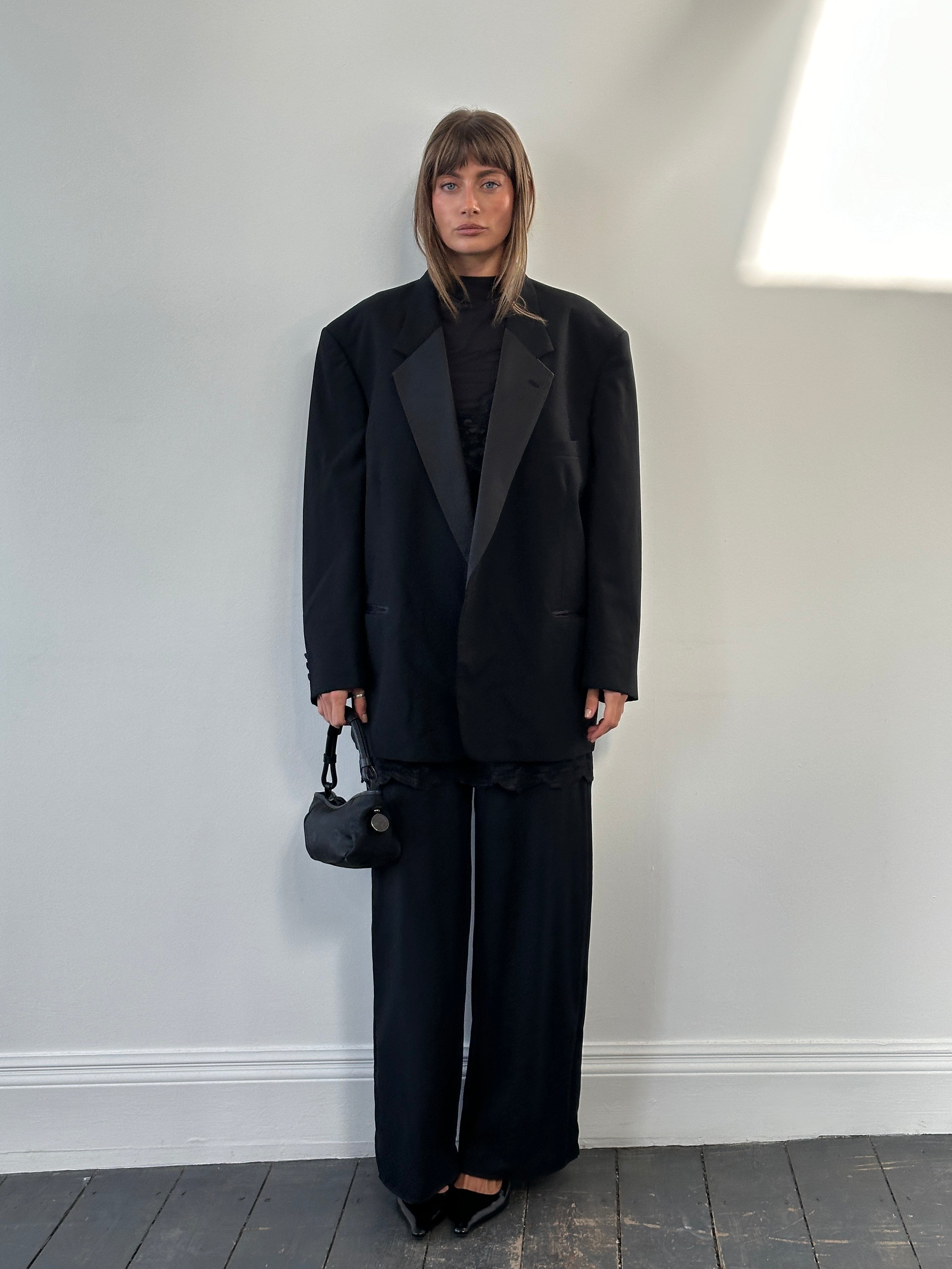 Christian Dior Le Connaisseur 1990s tuxedo wool blazer, men's 52R/XXL, tailored black blazer with satin lapels and structured fit.