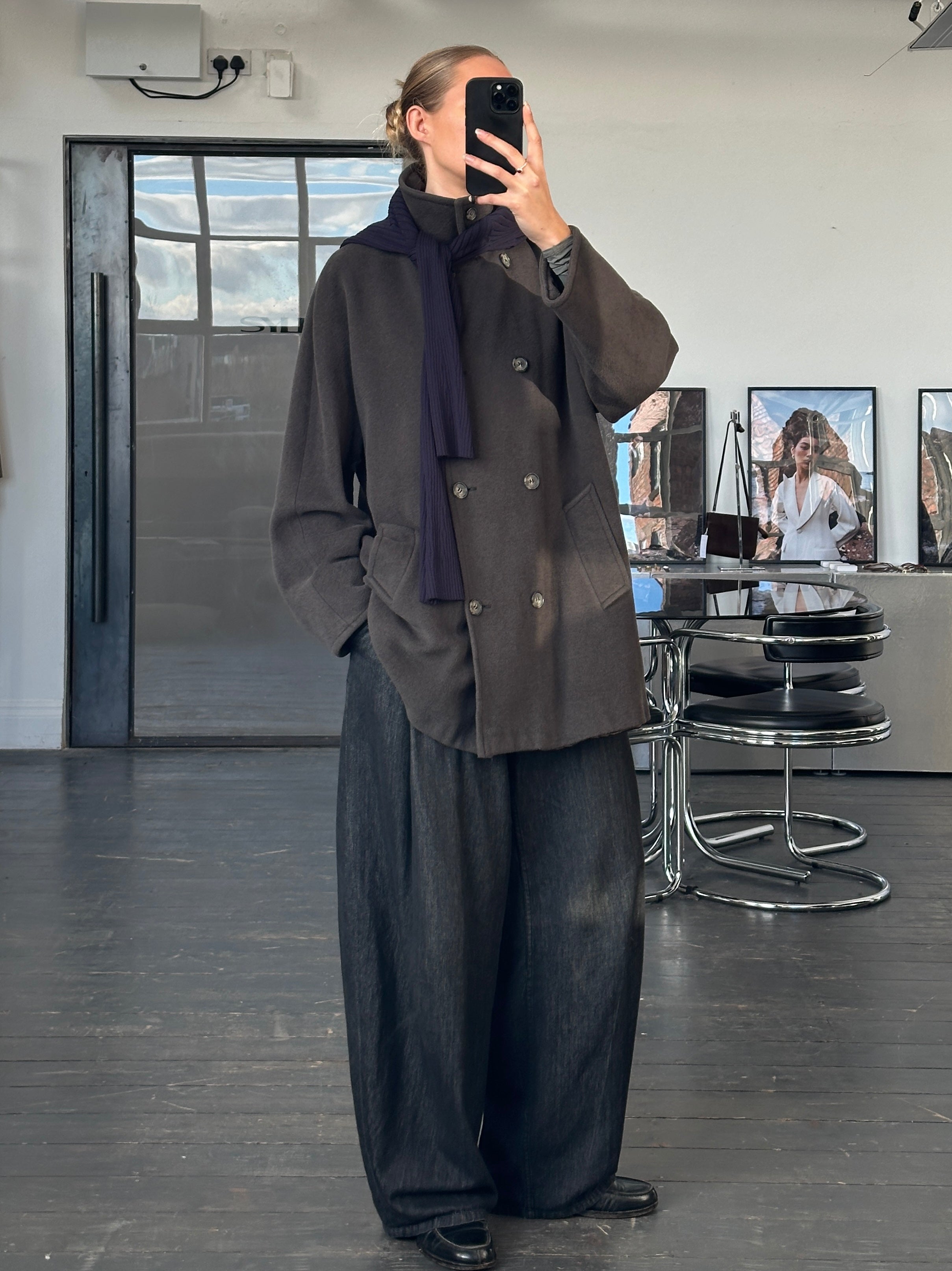 Marella 1990s virgin wool double-breasted coat in size L/XL, featuring a classic tailored design and button details.