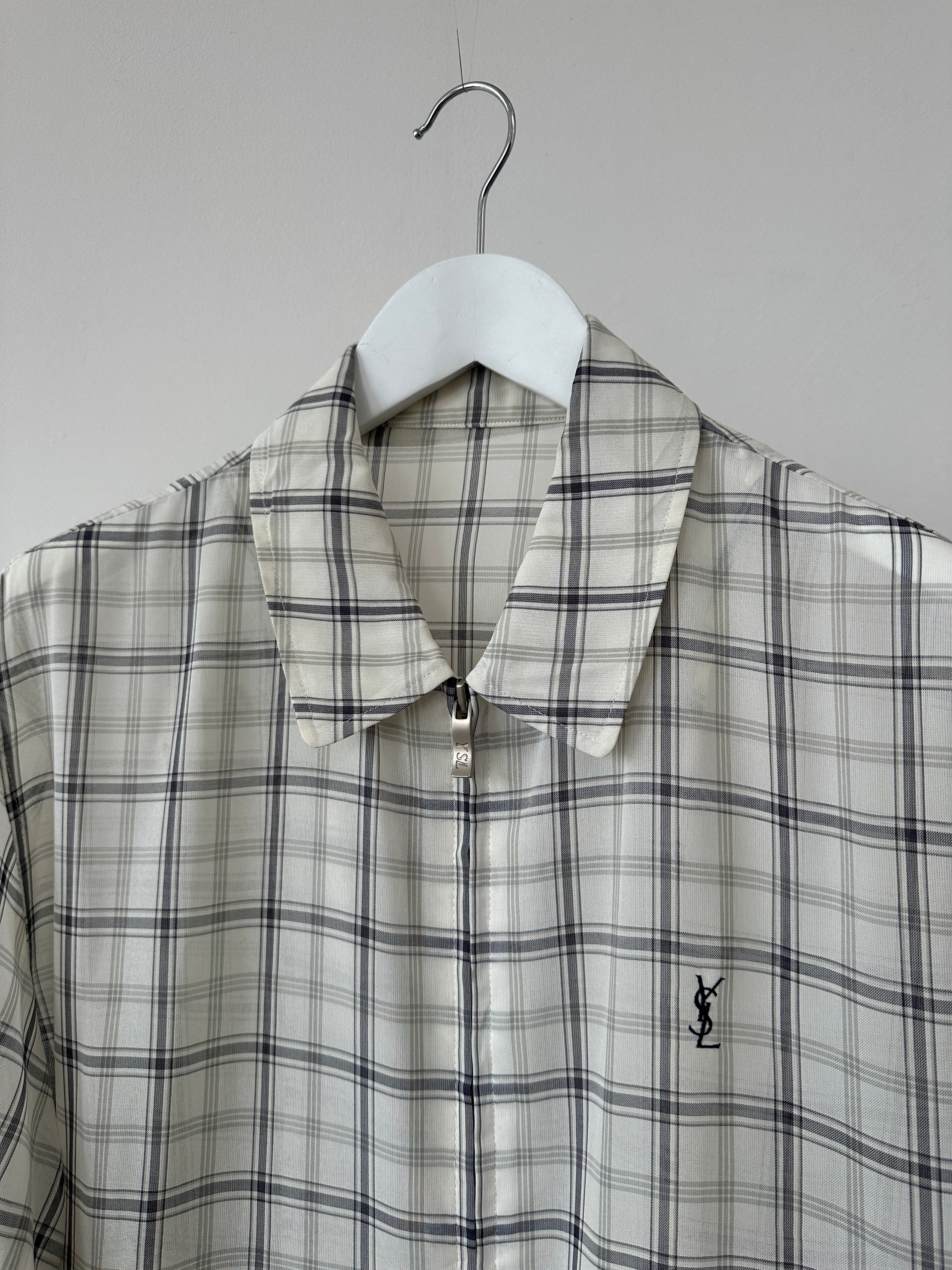 Yves Saint Laurent Pour Homme check logo bomber jacket in size M/L, featuring a stylish design and branded logo details.