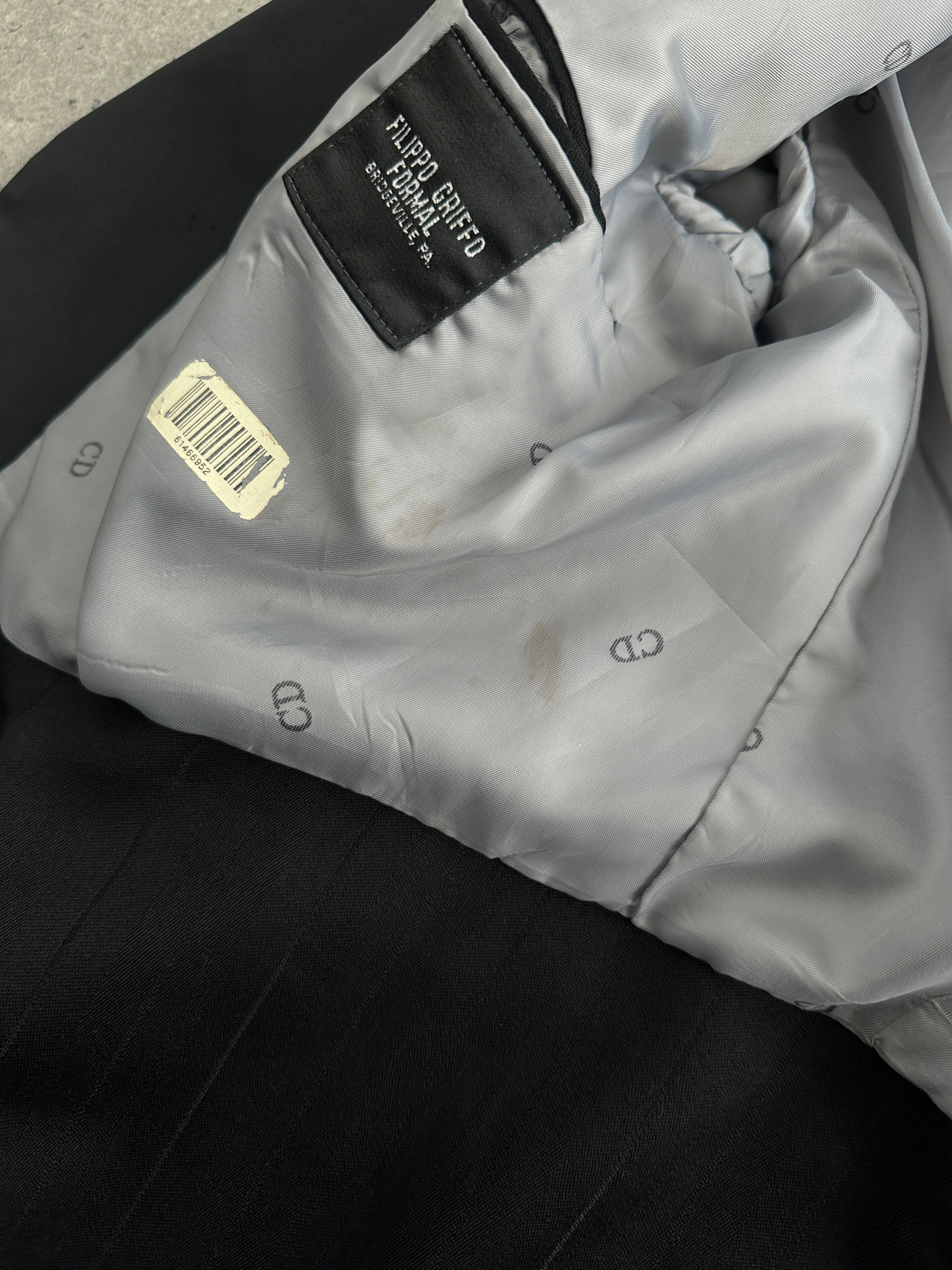 Christian Dior Monsieur 80s double-breasted tuxedo tailcoat blazer, tailored fit, black fabric, classic formal style.