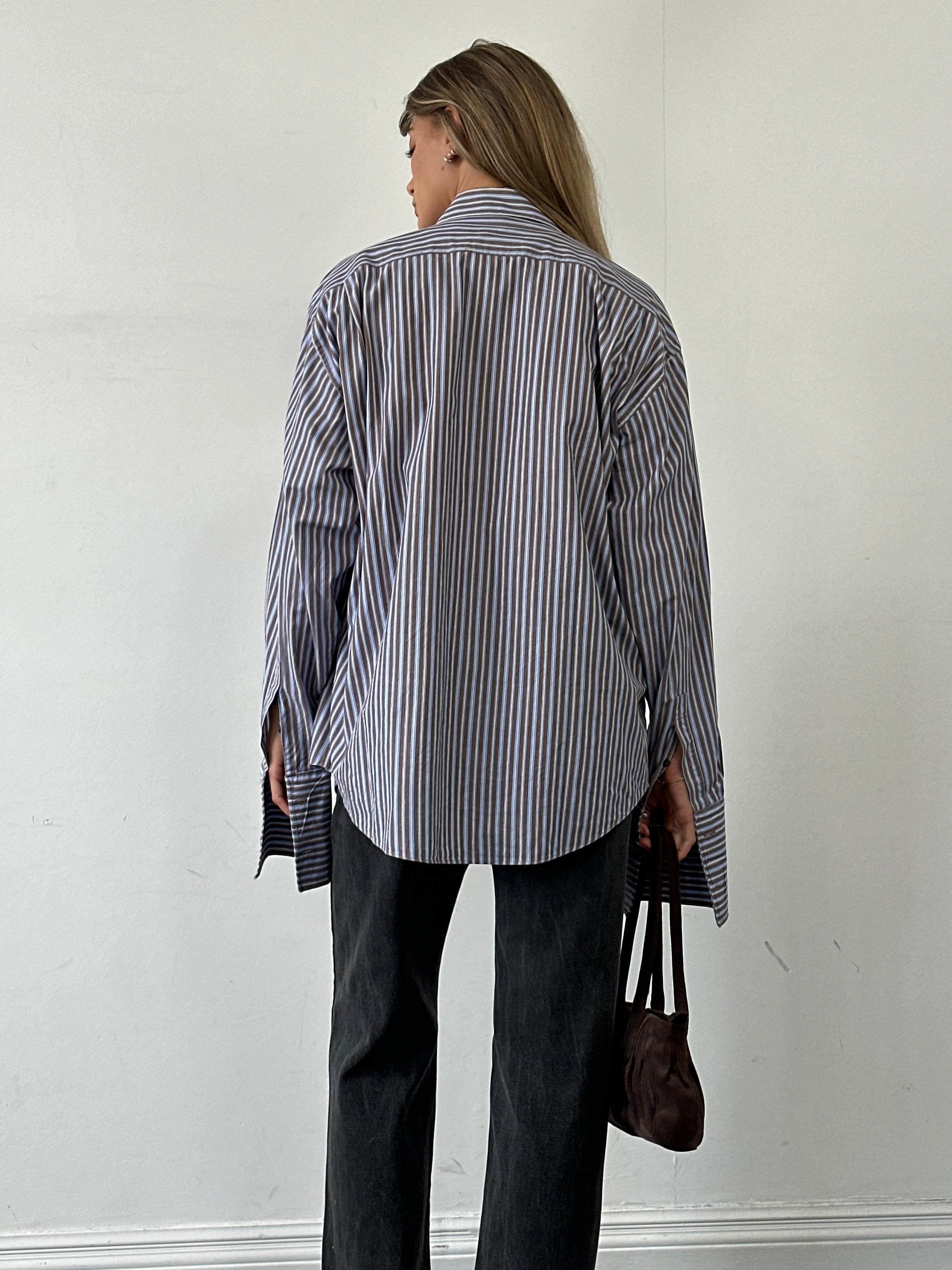 Yves Saint Laurent Pour Homme pure cotton stripe logo dress shirt in XL/XXL, featuring classic blue and white vertical stripes.