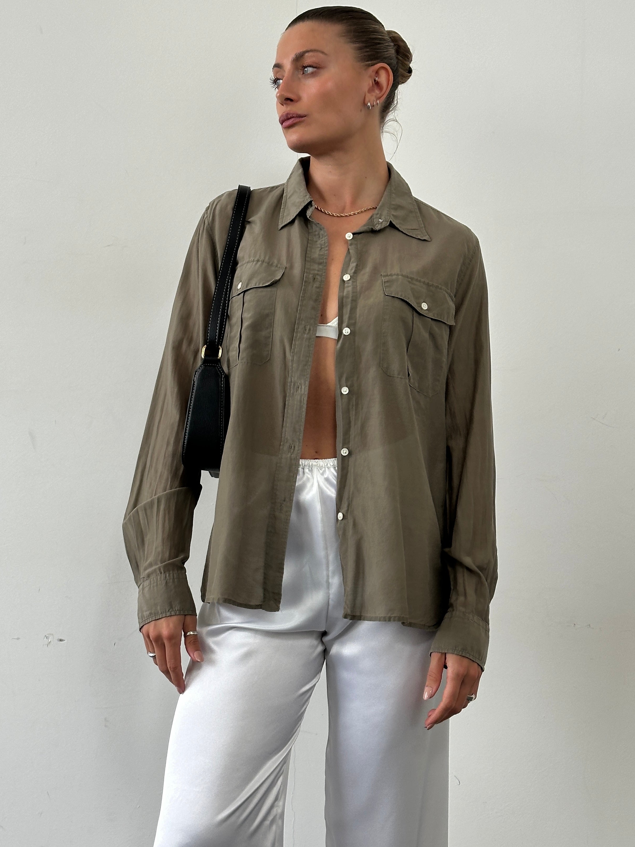 Ralph Lauren silk cotton semi-sheer lightweight shirt in size L, featuring a classic collar and relaxed fit.