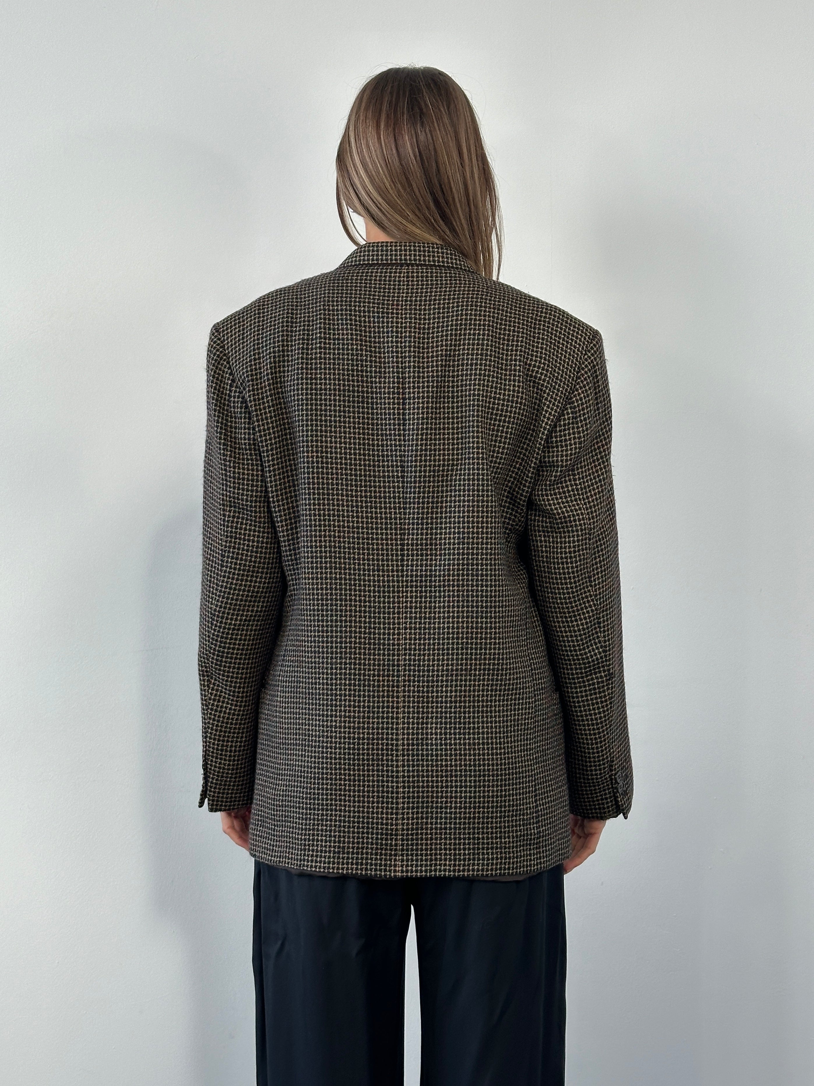 Giorgio Armani 1990s wool silk check blazer in size 42R/L, featuring a tailored fit and classic check pattern.