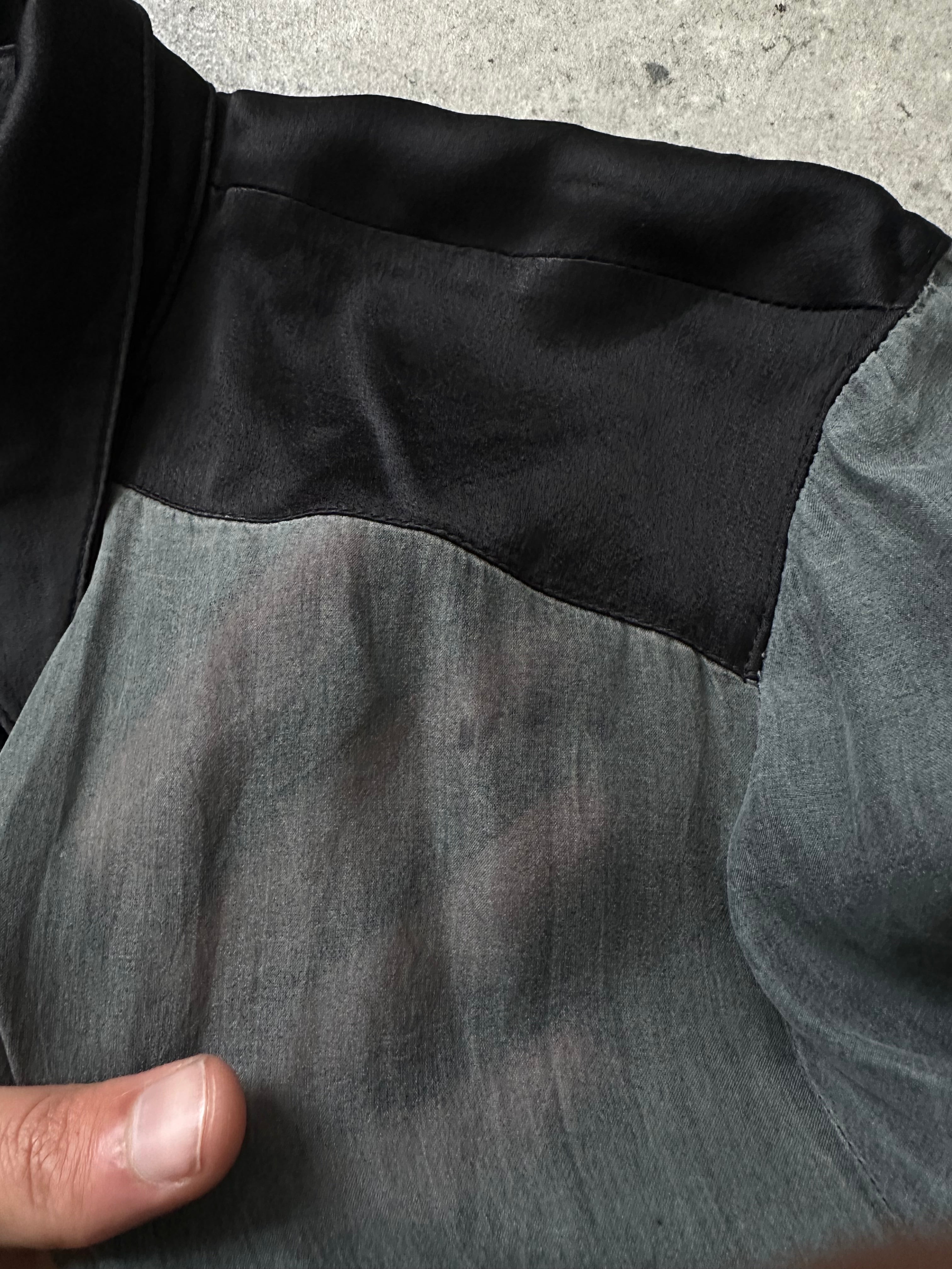 Vintage 1990s sheer satin tie neck shirt in size M, featuring a classic vintage style with elegant satin fabric and tie-front design.