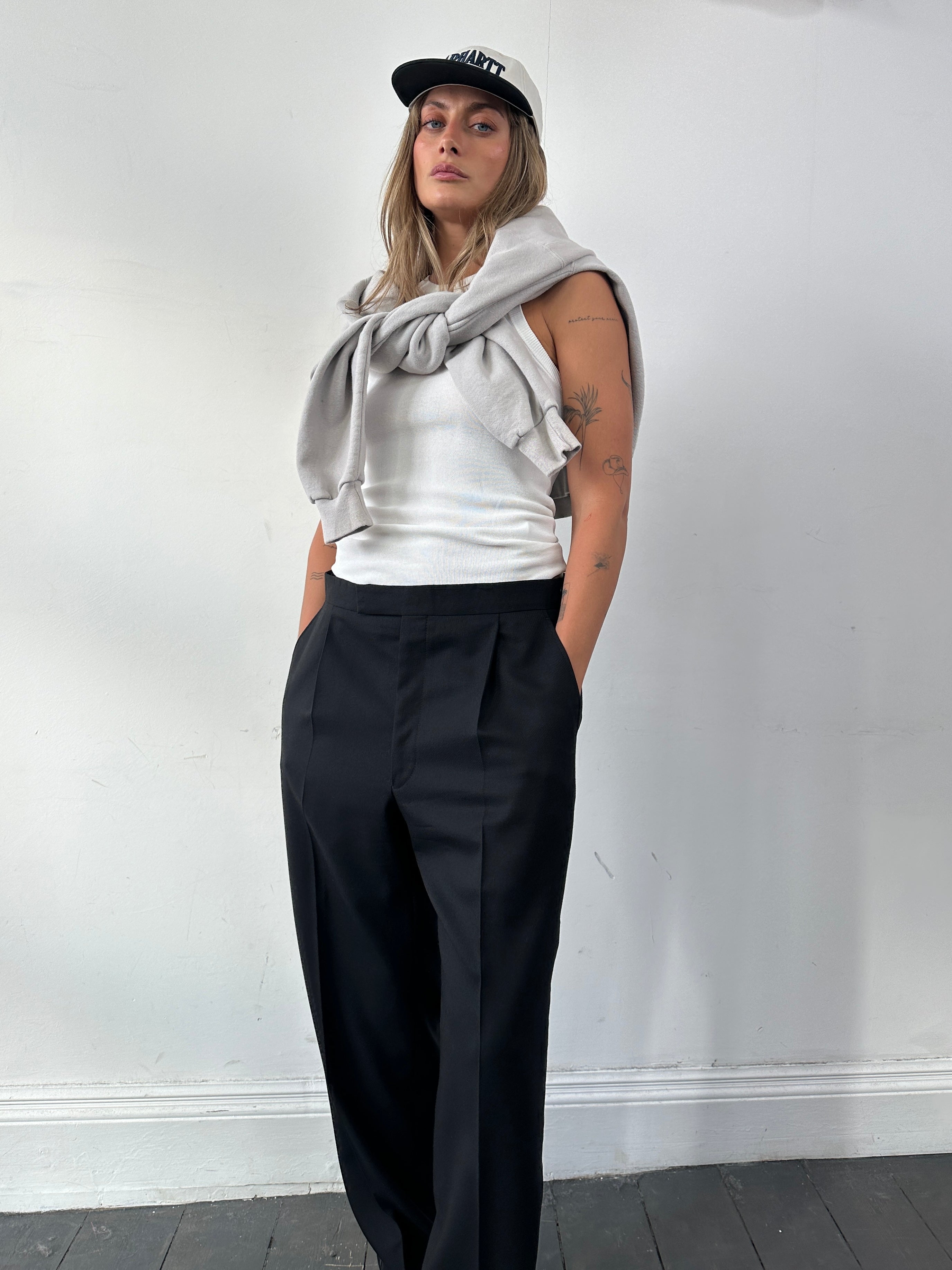 Vintage pure wool straight-leg tuxedo trousers in size W30-32, featuring classic design and tailored fit.