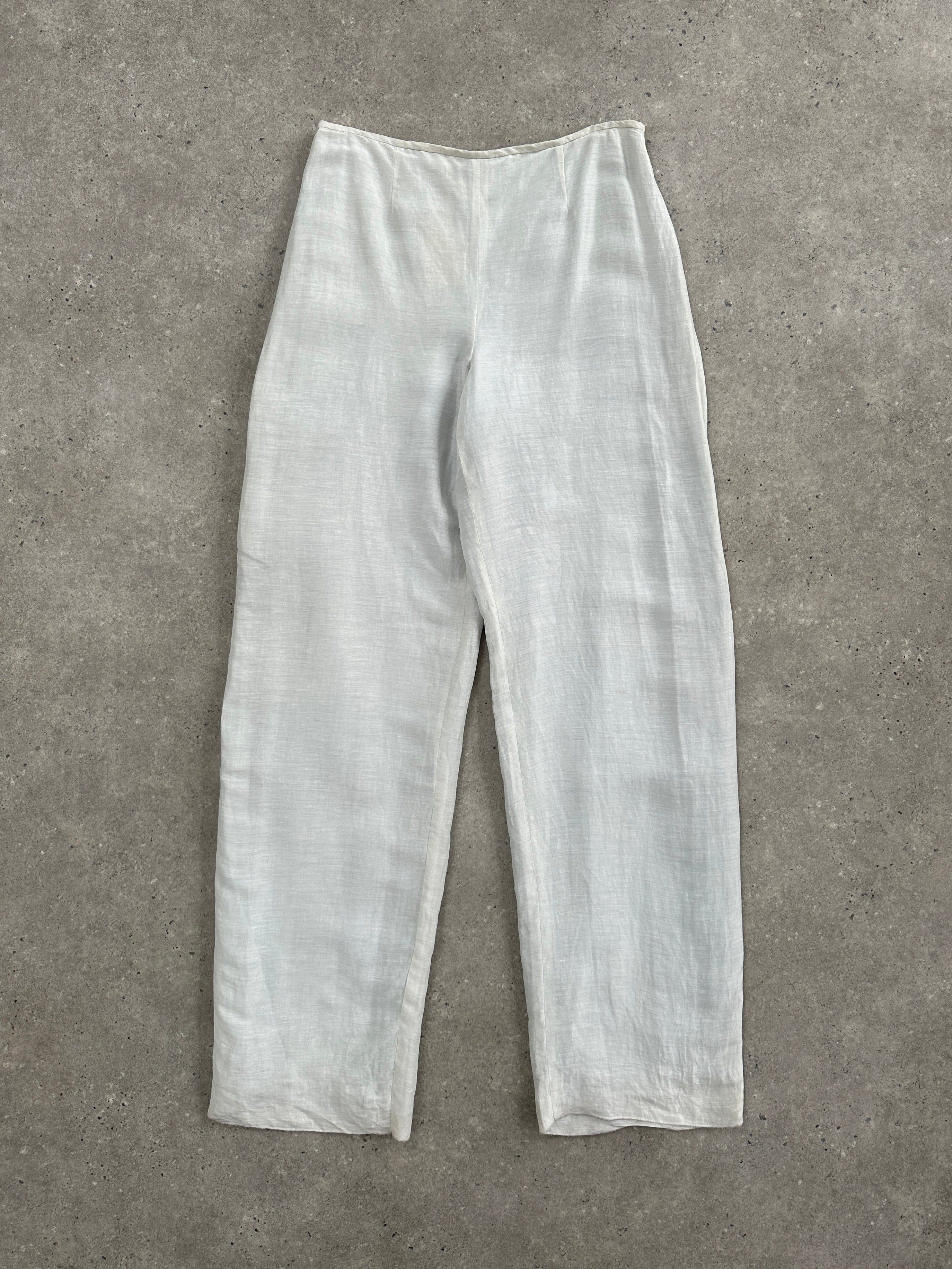 Giorgio Armani 1999 wide-leg linen trousers in size W28-30, casual stylish trousers with a relaxed fit and natural linen fabric.