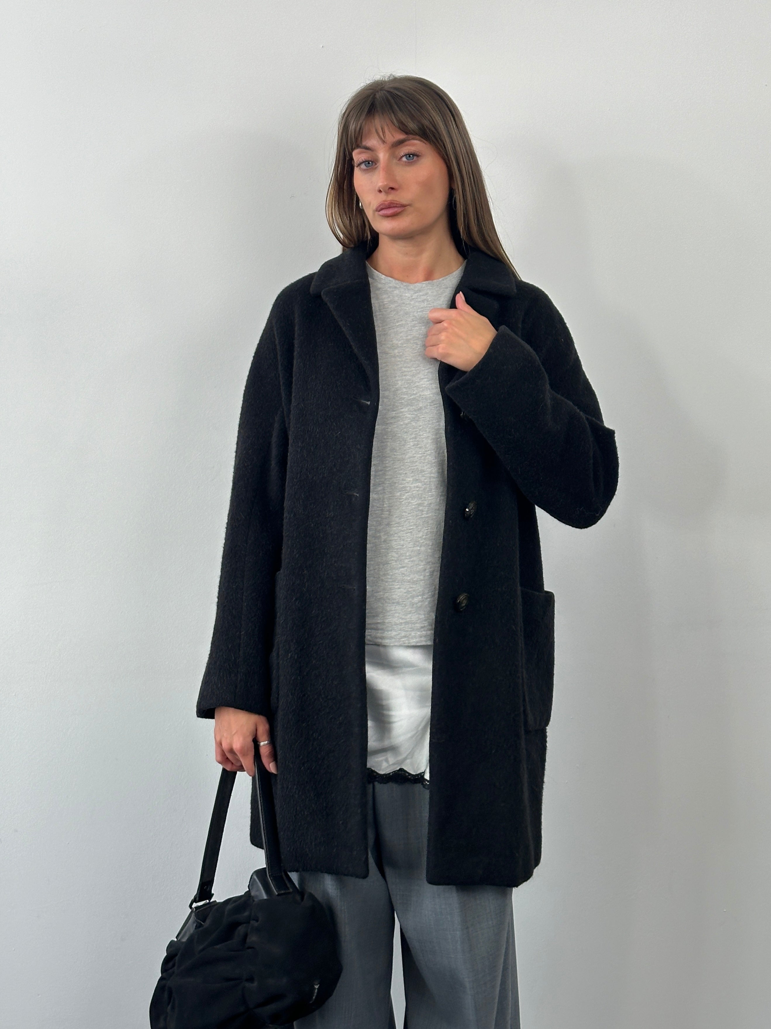 Max Mara Weekend 1990s wool mohair single-breasted coat in size M/L, shown hanging with a classic tailored look.
