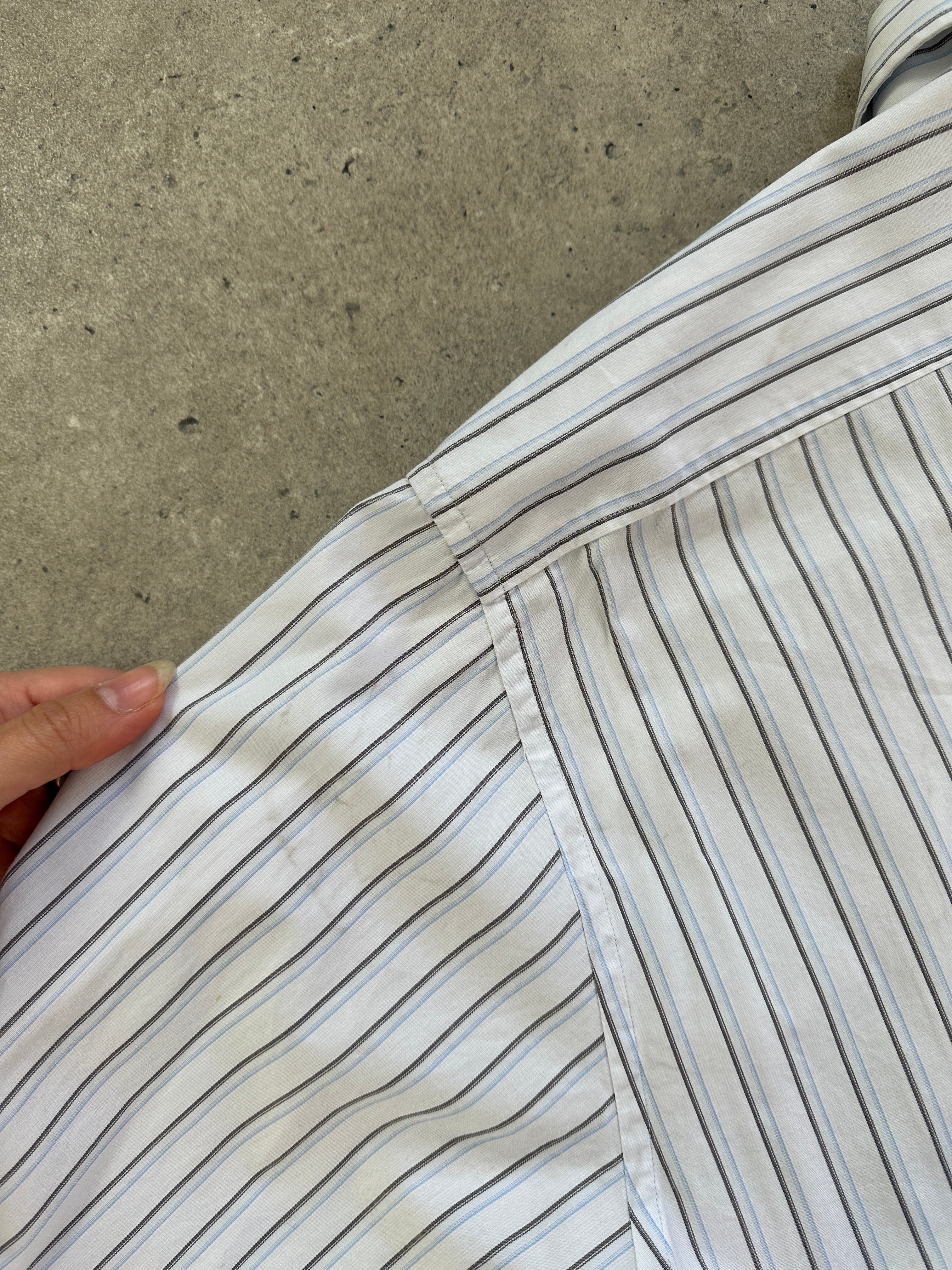 Yves Saint Laurent pure cotton stripe logo shirt in size XL, featuring classic striped pattern and YSL branding on the front.