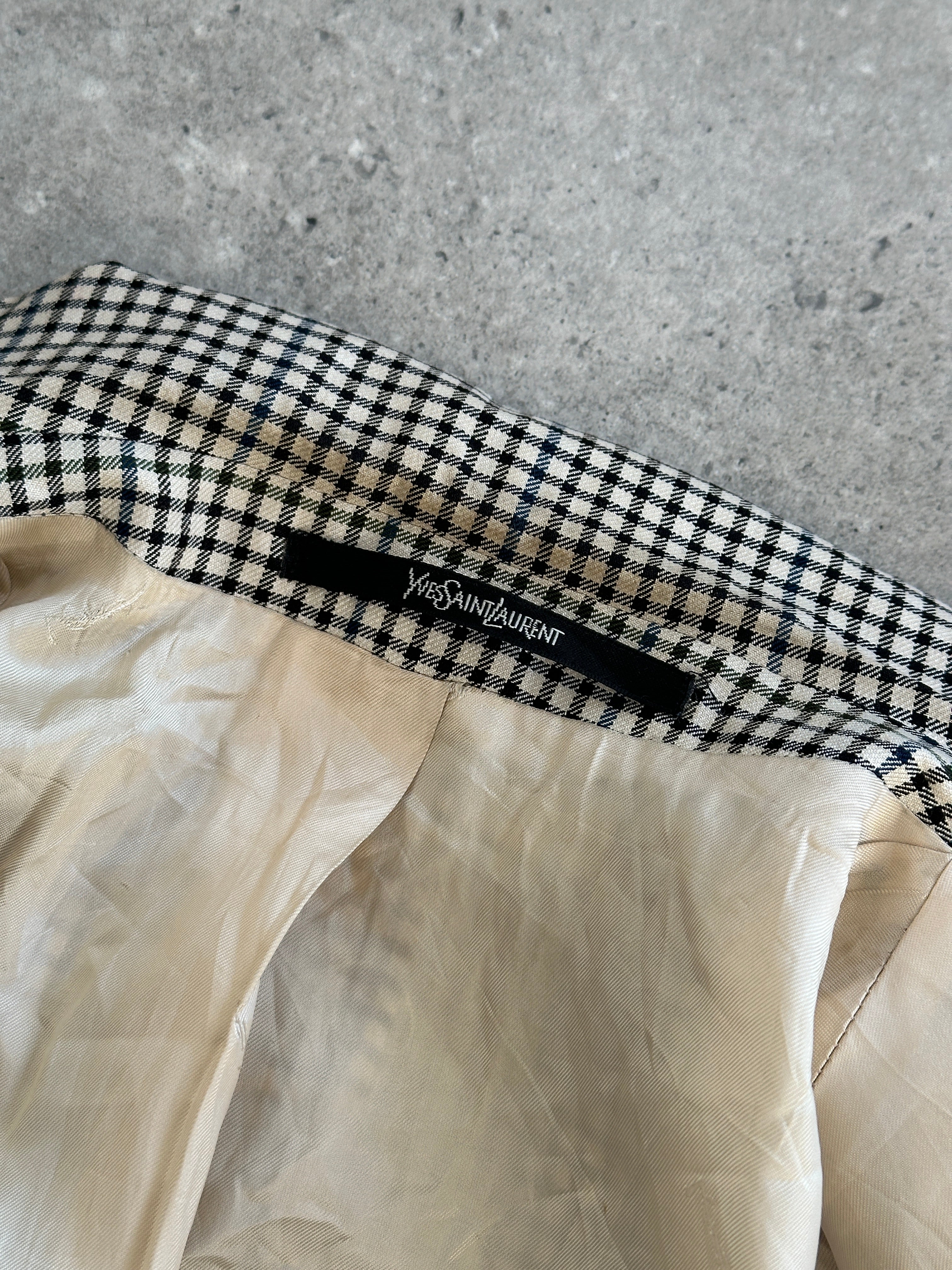 Yves Saint Laurent Pour Homme 1990s wool check double-breasted blazer, size 40R/XL, featuring classic tailored design.
