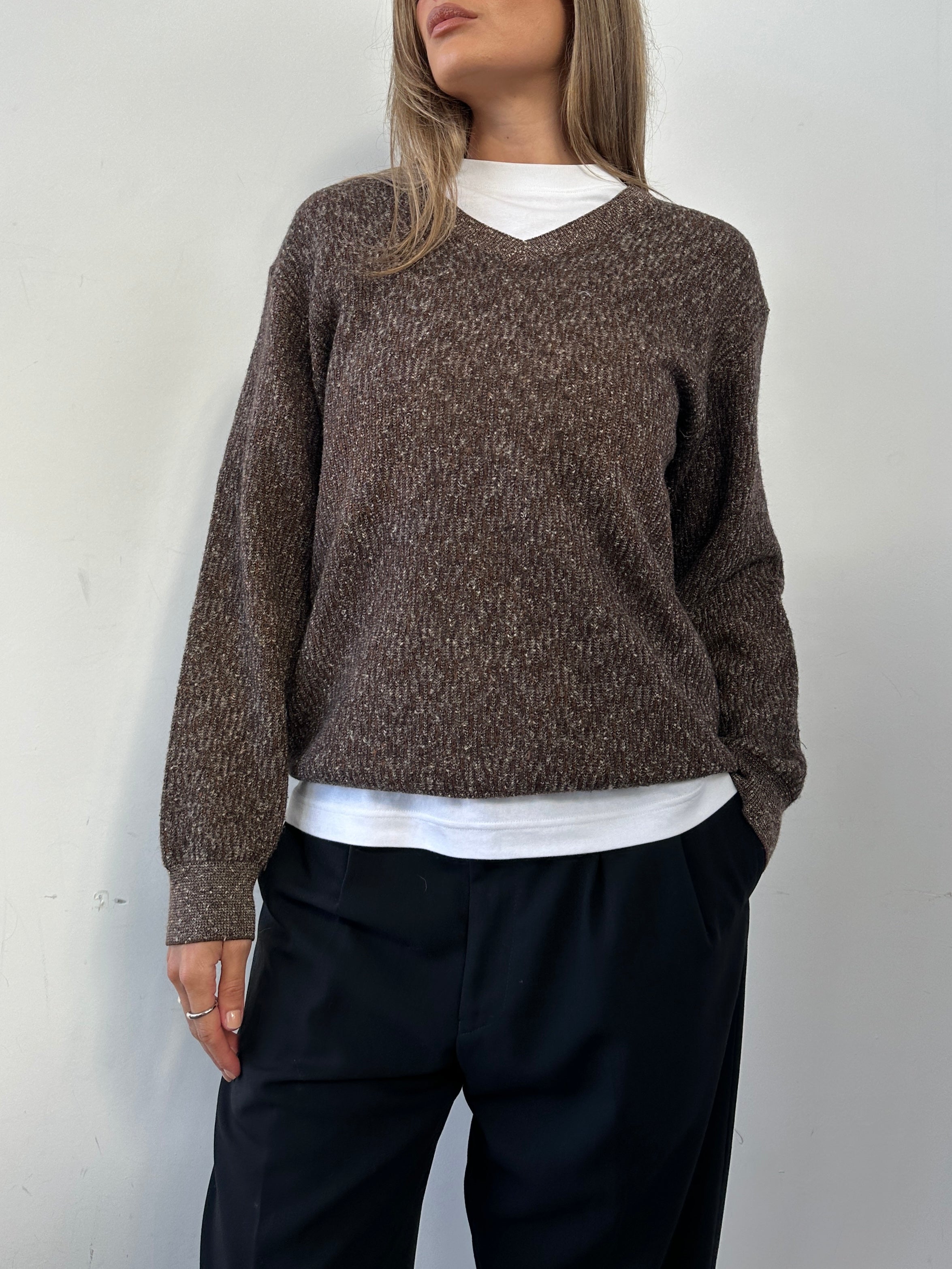 Missoni V neck wool knit jumper in size M, featuring colorful zigzag pattern, long sleeves, and cozy textured fabric.