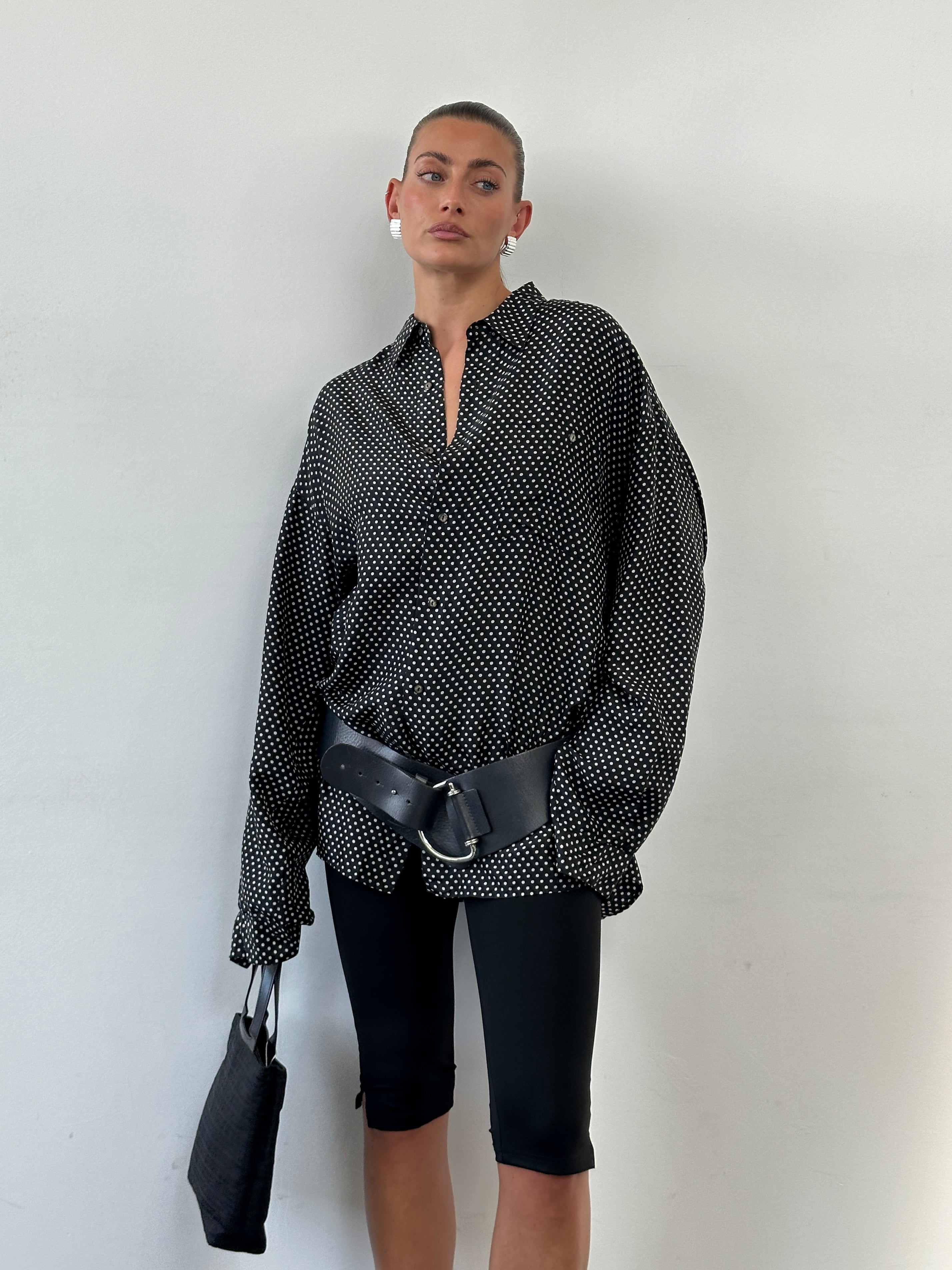Vintage pure silk polka dot shirt in XXL size, featuring a classic button-down design and black and white polka pattern.