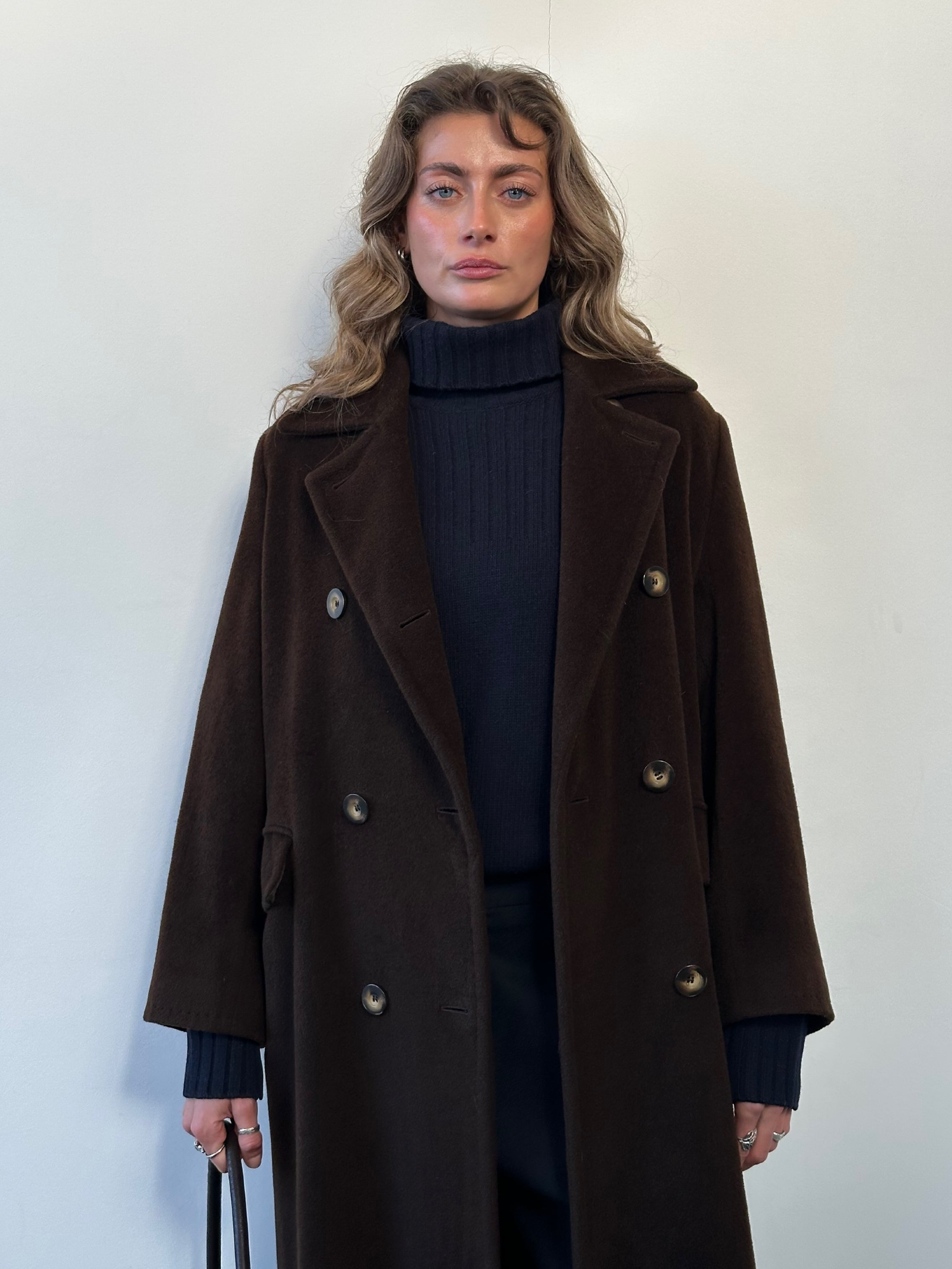 Max Mara wool cashmere double-breasted floor-length coat in size L, shown hanging on a hanger with tailored details.