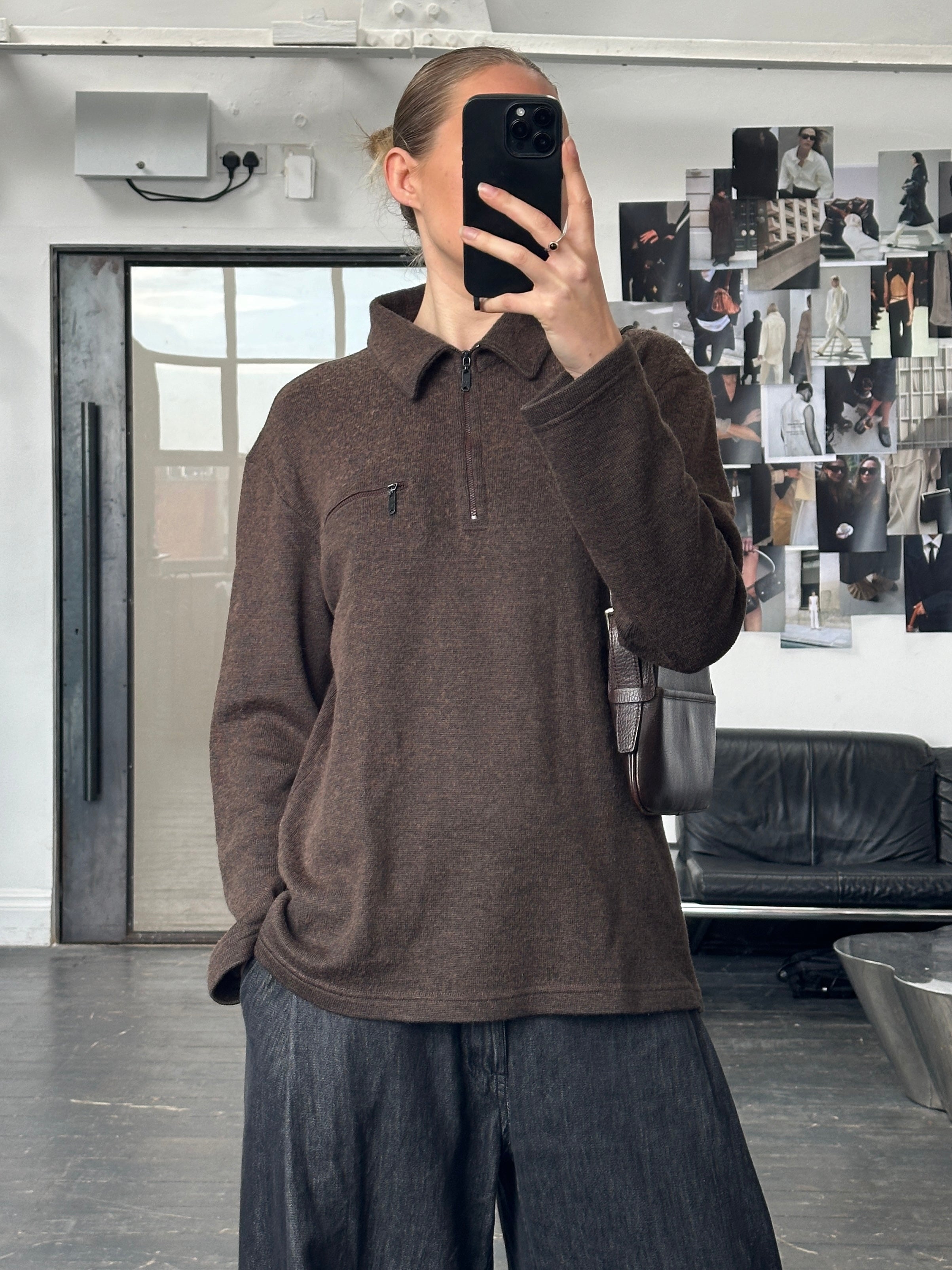 Armani Jeans 1990s wool quarter zip jumper in size L, featuring a classic design and ribbed cuffs and collar.