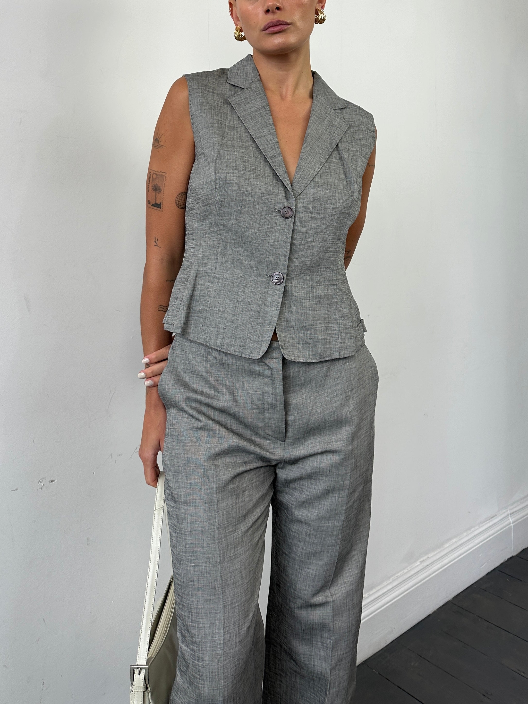 Max Mara linen cotton two-piece waistcoat and trousers co-ord set, shown in a stylish matching fabric with tailored fit.