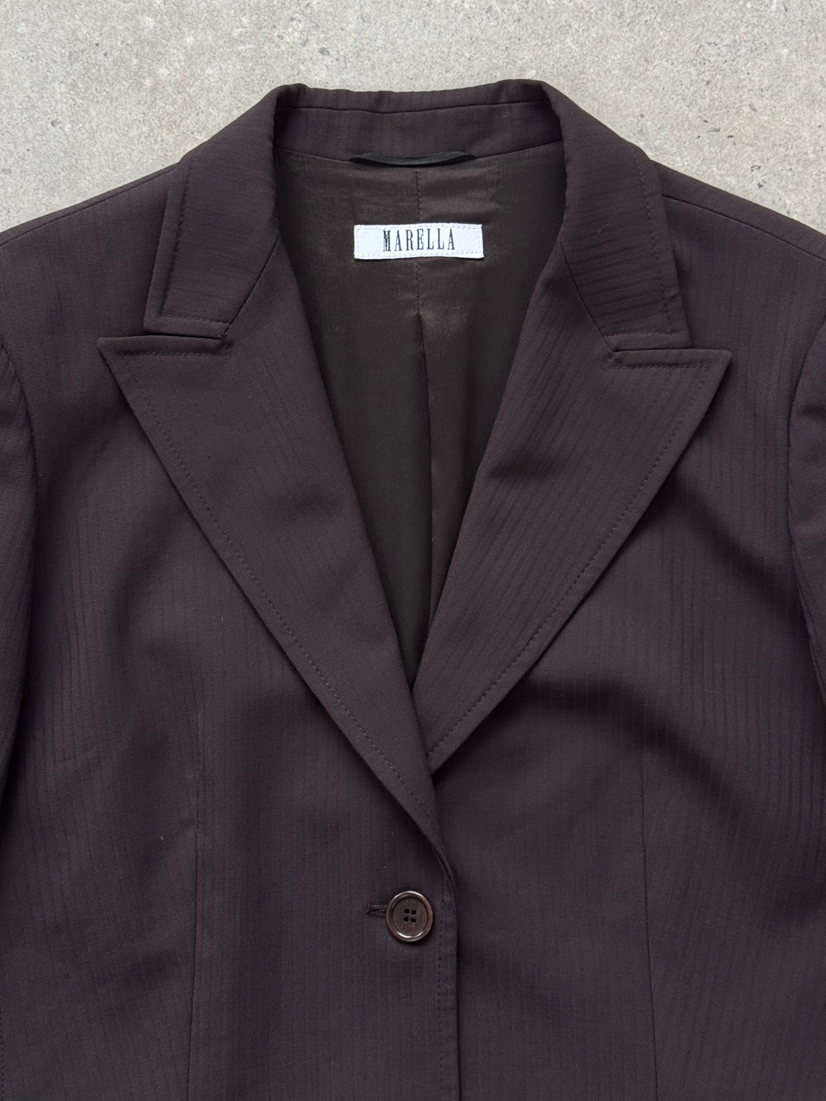 Marella 2000s wool single-breasted blazer in size S, tailored fit, dark navy color, shown on a hanger.