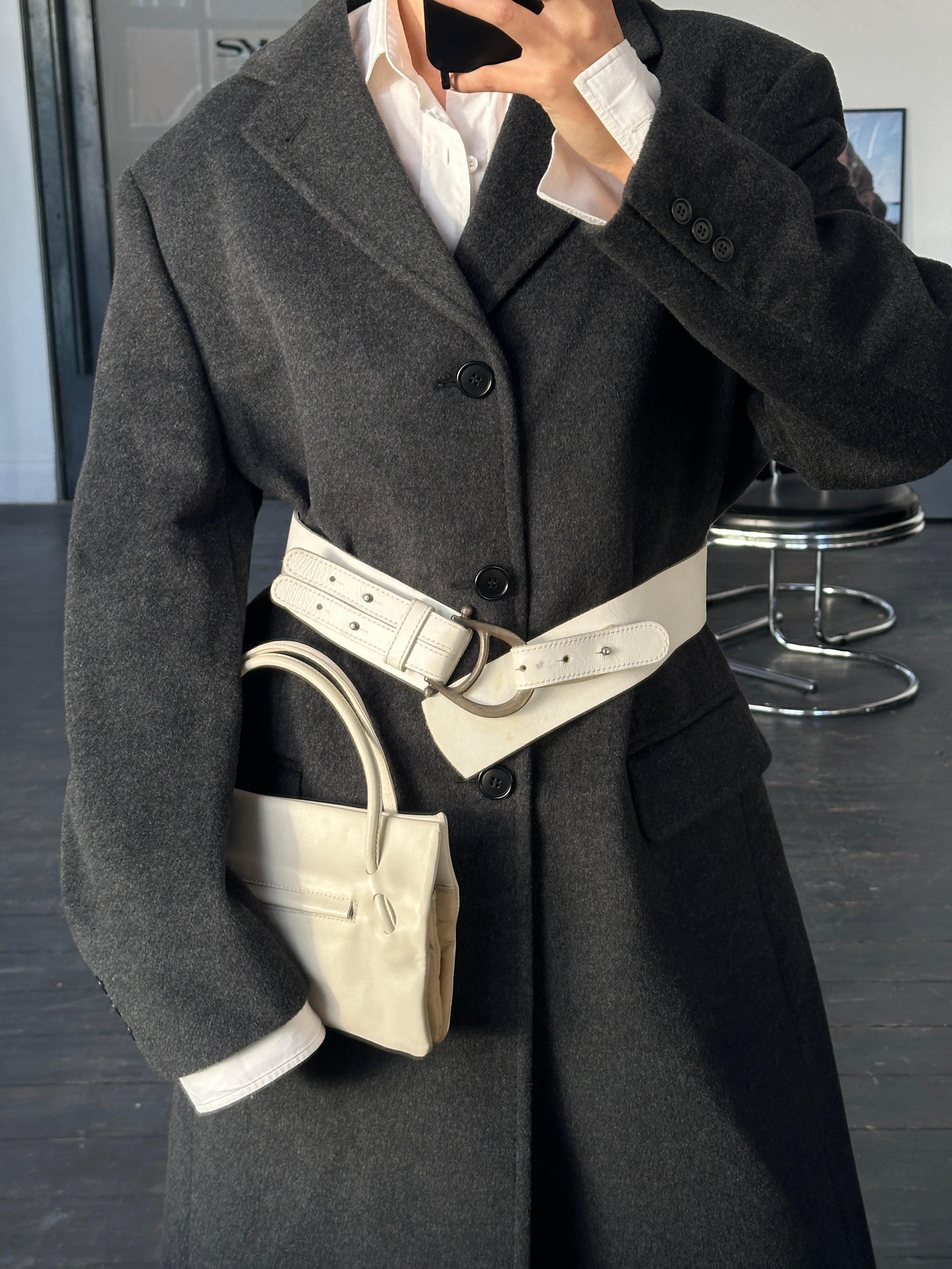 Vintage Italian 1990s wool and cashmere coat in XL, showcasing classic style and textured fabric with a tailored fit.