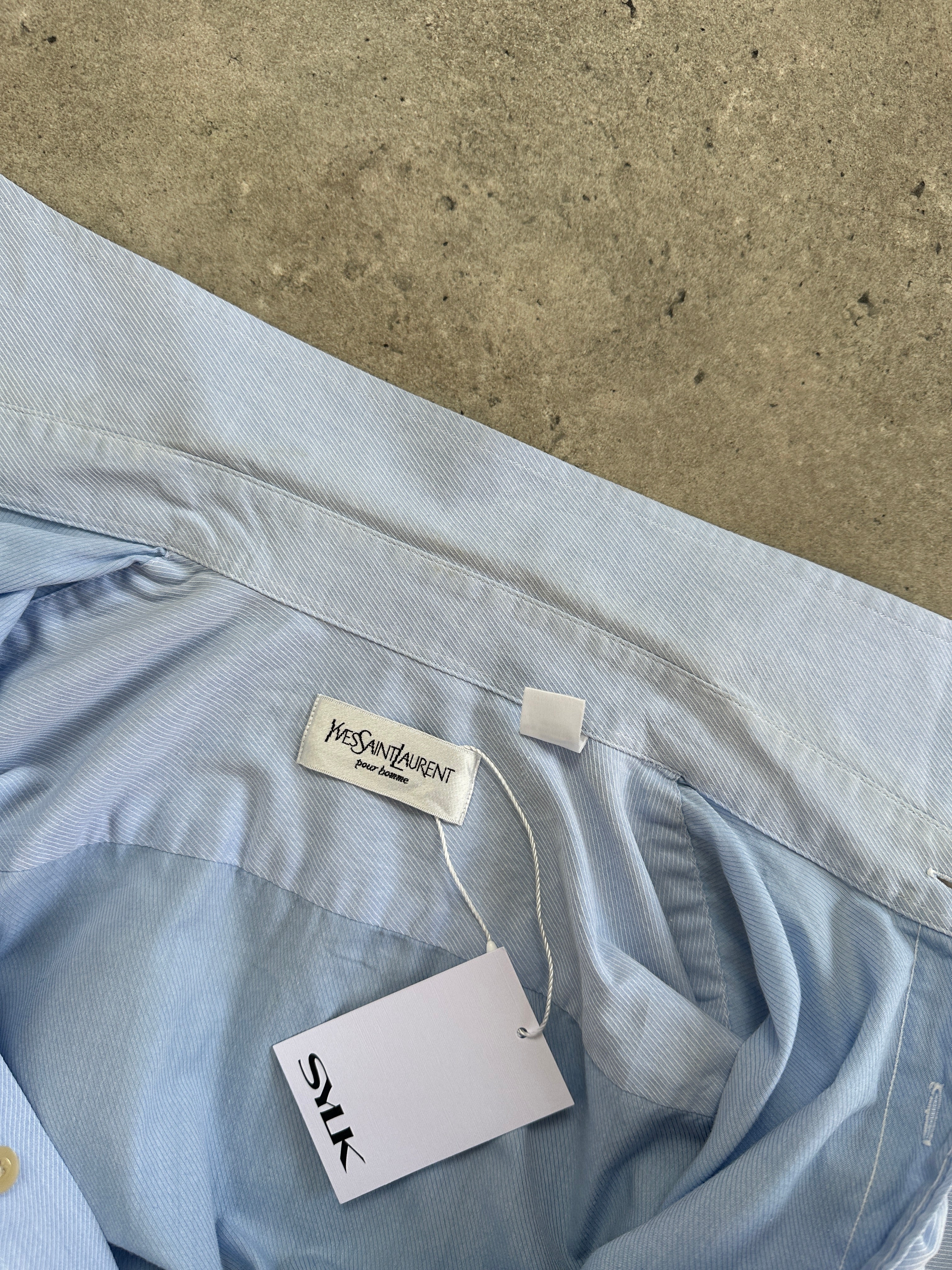 Yves Saint Laurent Pour Homme cotton logo shirt in size M, featuring the iconic YSL branding on a classic shirt design.