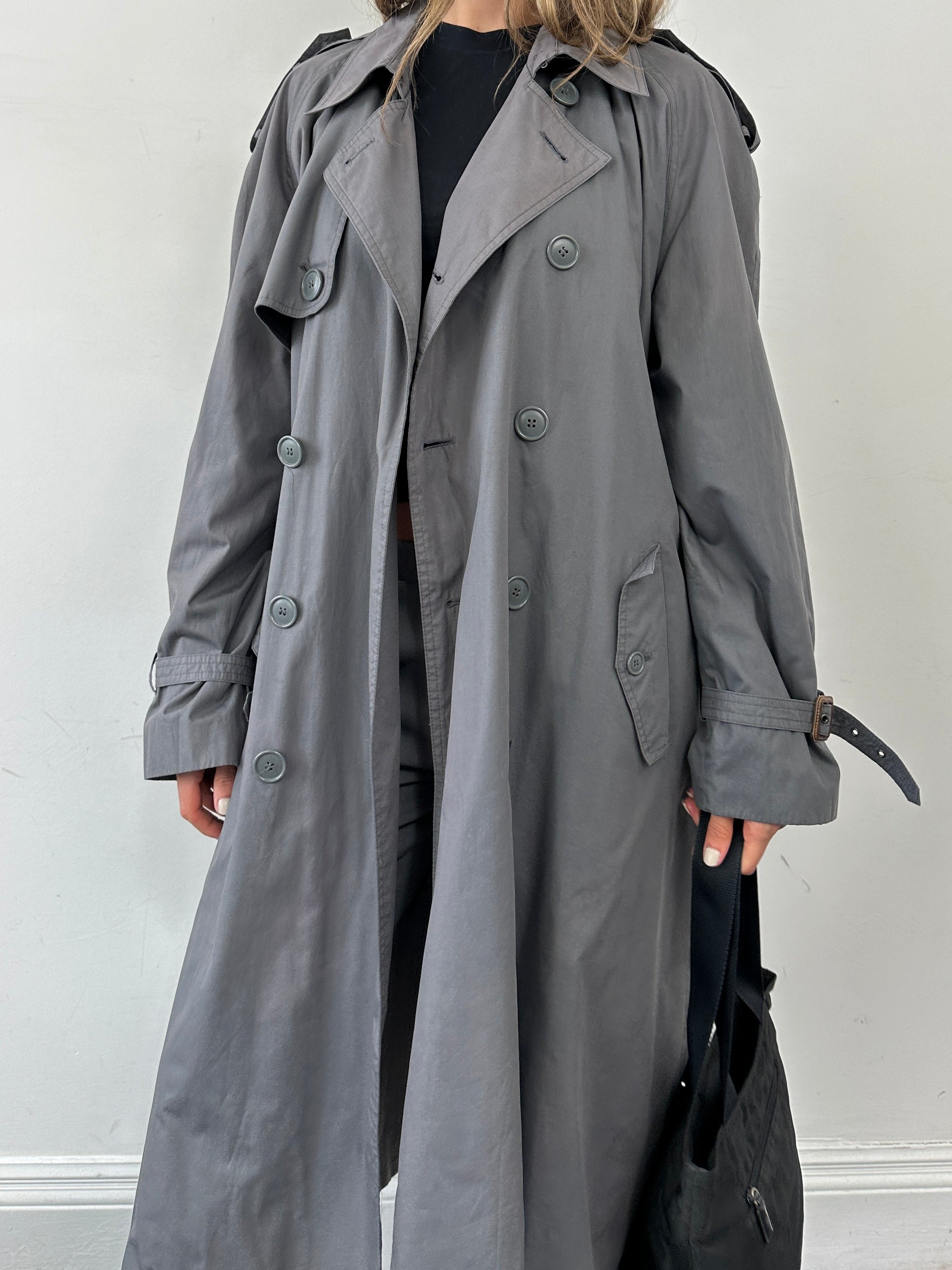 Yves Saint Laurent Pour Homme double-breasted belted trench coat in XL/XXL, beige fabric, classic style, front view.